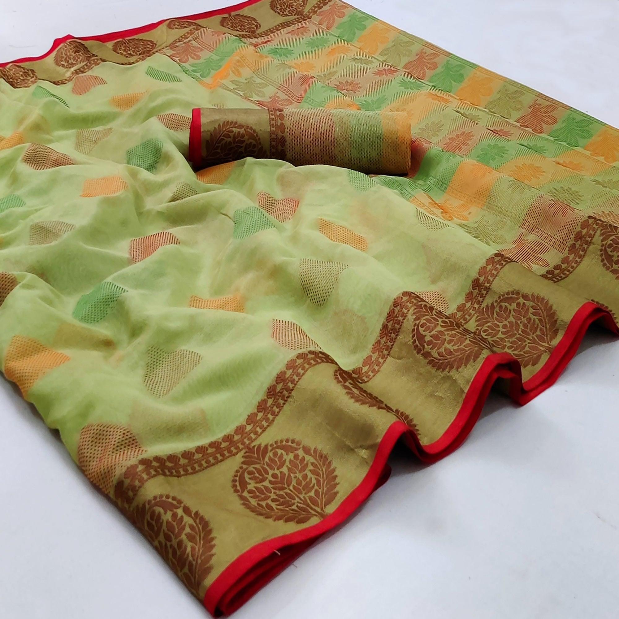Peachmode Light Pista Green Festive Wear Woven Rich Pallu Organza Saree