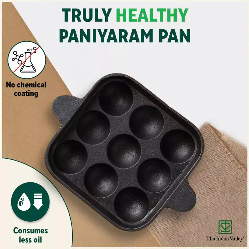 The Indus Valley 9 Pit/Cup CASTrong Cast Iron Paniyaram/Appe Pan+ Free Spatula, Pre-seasoned, Natural Nonstick, 100% Pure, Toxin-free, 24 cm, 1.34 kg - view 5
