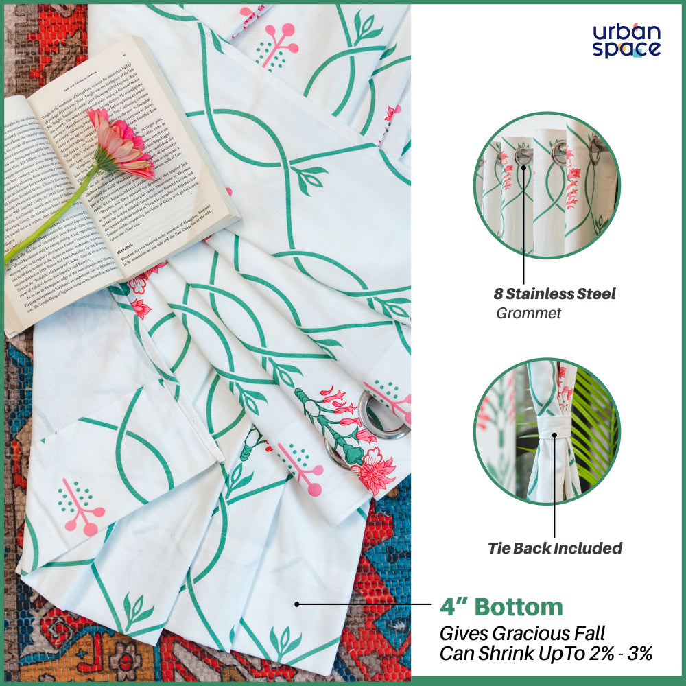 Urban Space -Home Furnishing Store 100% Cotton Room Darkening Curtains, Pack of 2 - Floral Ripples - Pink & Green - view 6