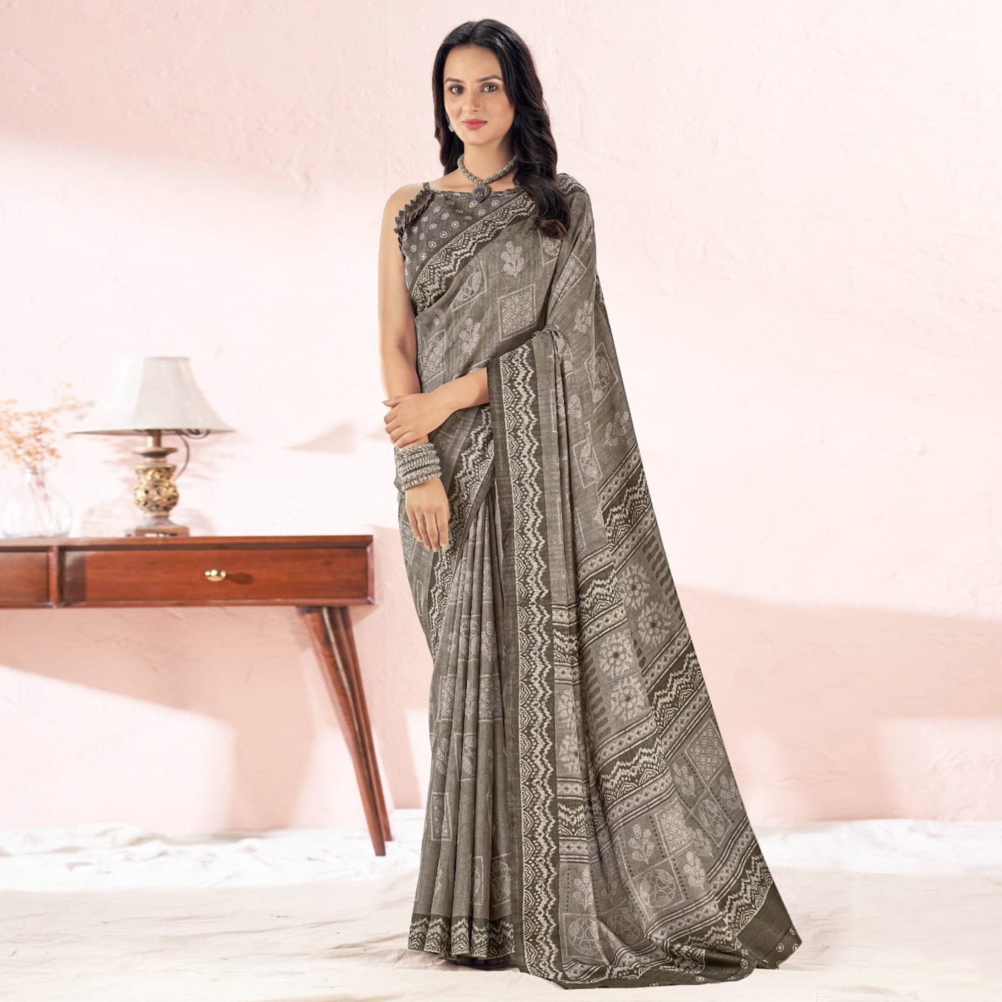 Peachmode Dark Grey Printed Tussar Silk Saree