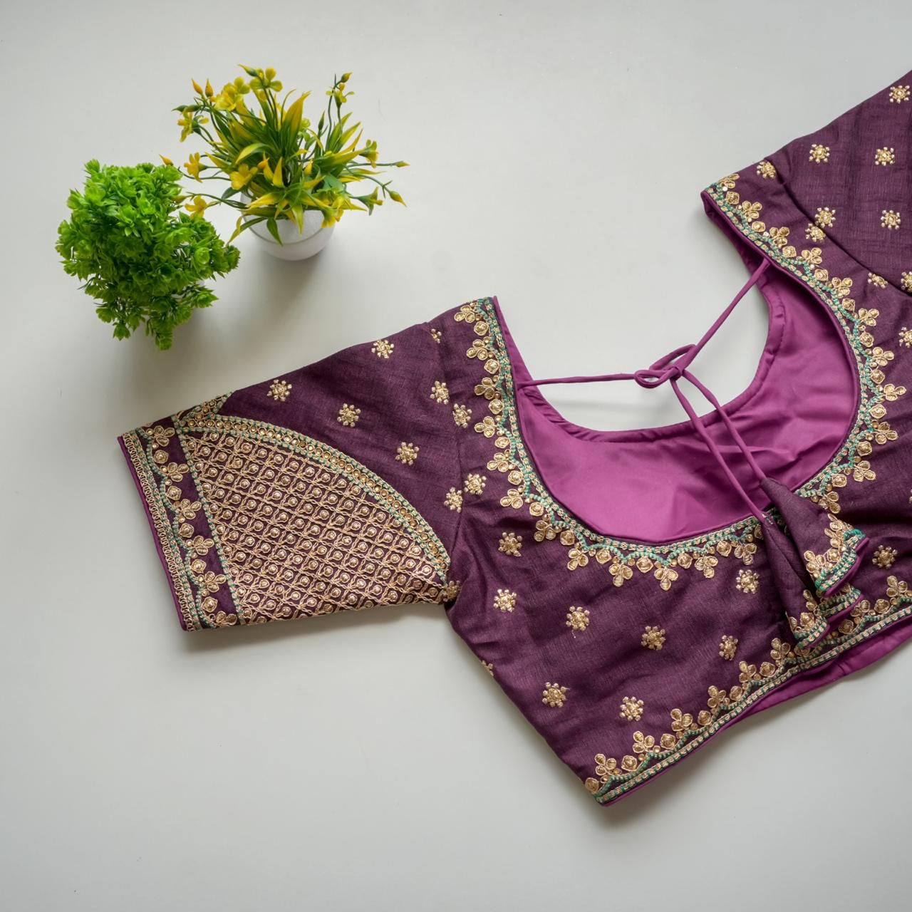 ClothsVilla Purple Mulmul Silk Blouse with Golden Embroidery and Sequins