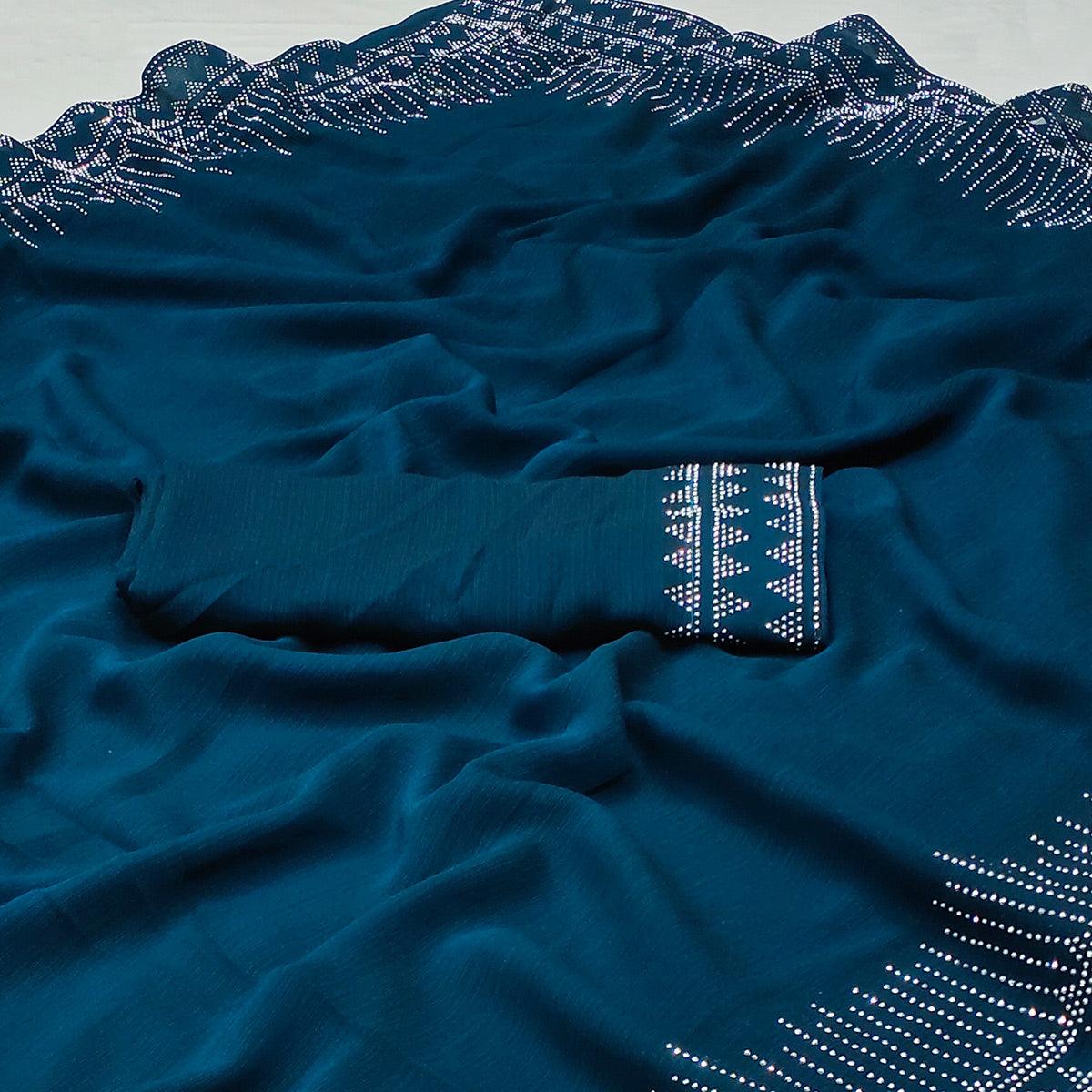 Peachmode Blue Solid With Sequins Work Chiffon Saree - view 2