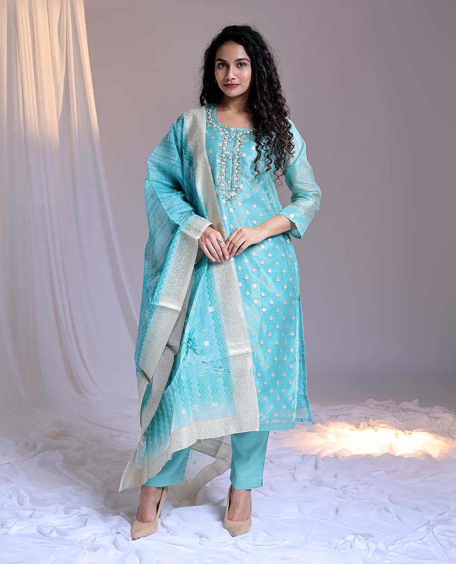 Pothys Blue readymade suit,zari buttas & embroidery round-neck tissue top,plain pants & dupatta of floral & chevron print - view 2