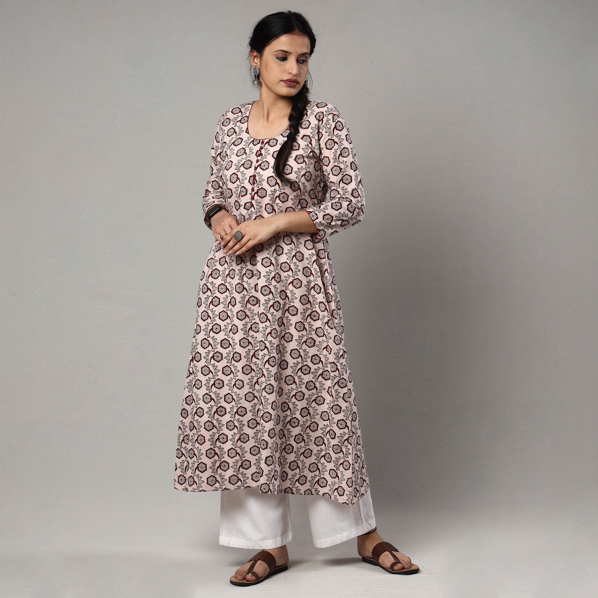 ITOKRI CASUALS Beige - White & Maroon Block Print Cotton A-Line Bagh Kurta - view 2
