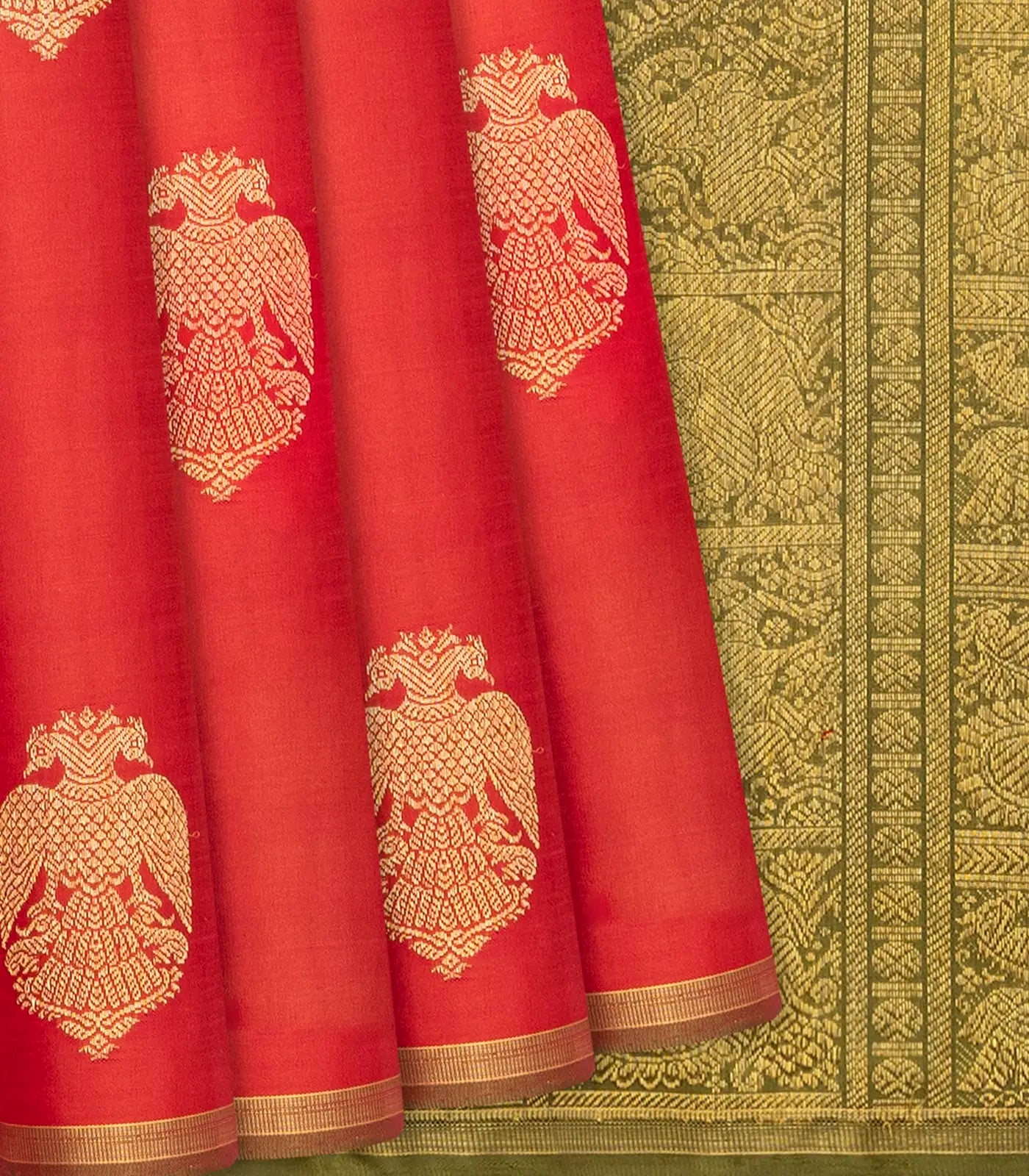 RmKV Red Handloom Kanchipuram Silk Saree With Gandaberunda Buttas-Red
