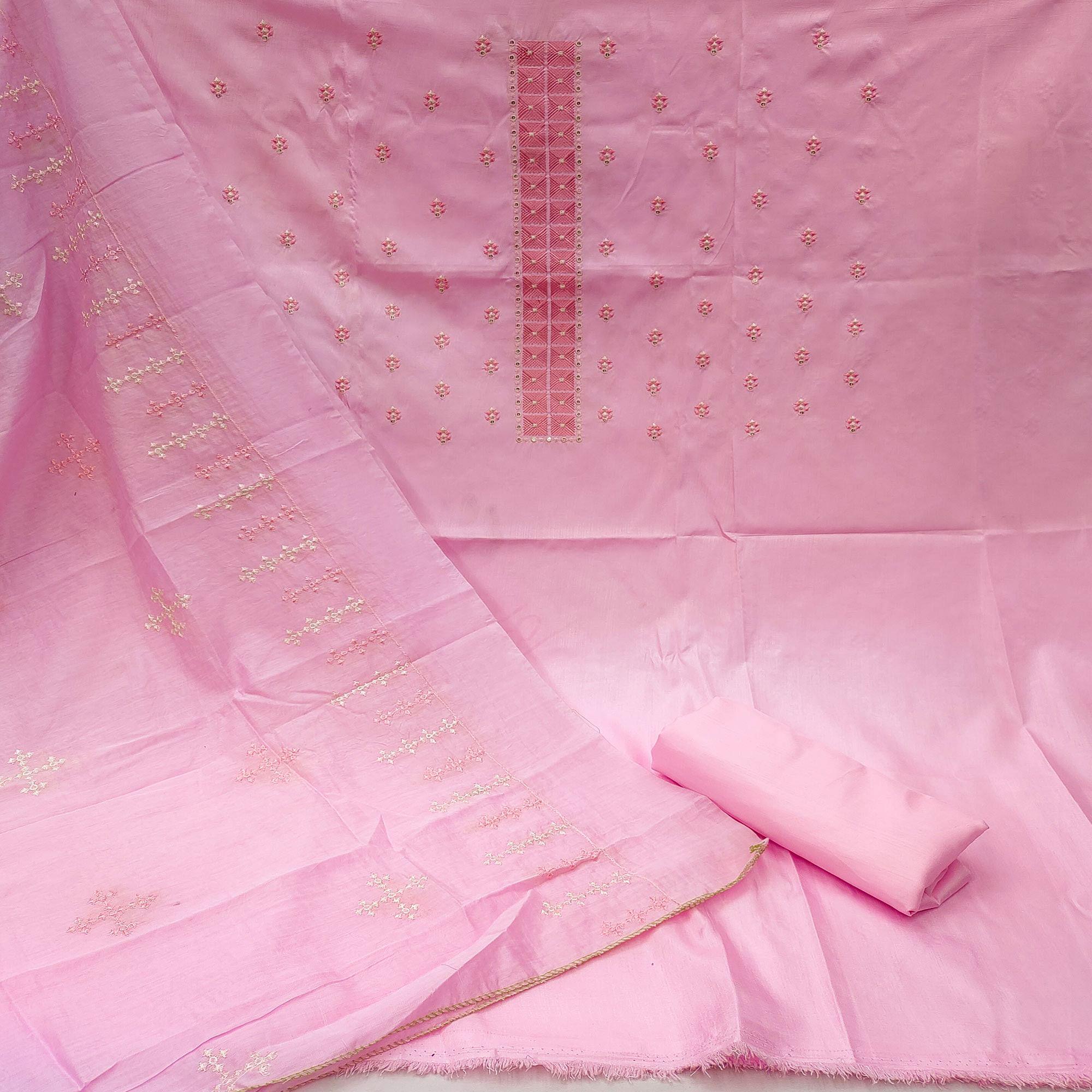 Peachmode Light Pink Casual Wear Embroidered Jelly Silk Dress Material - view 2