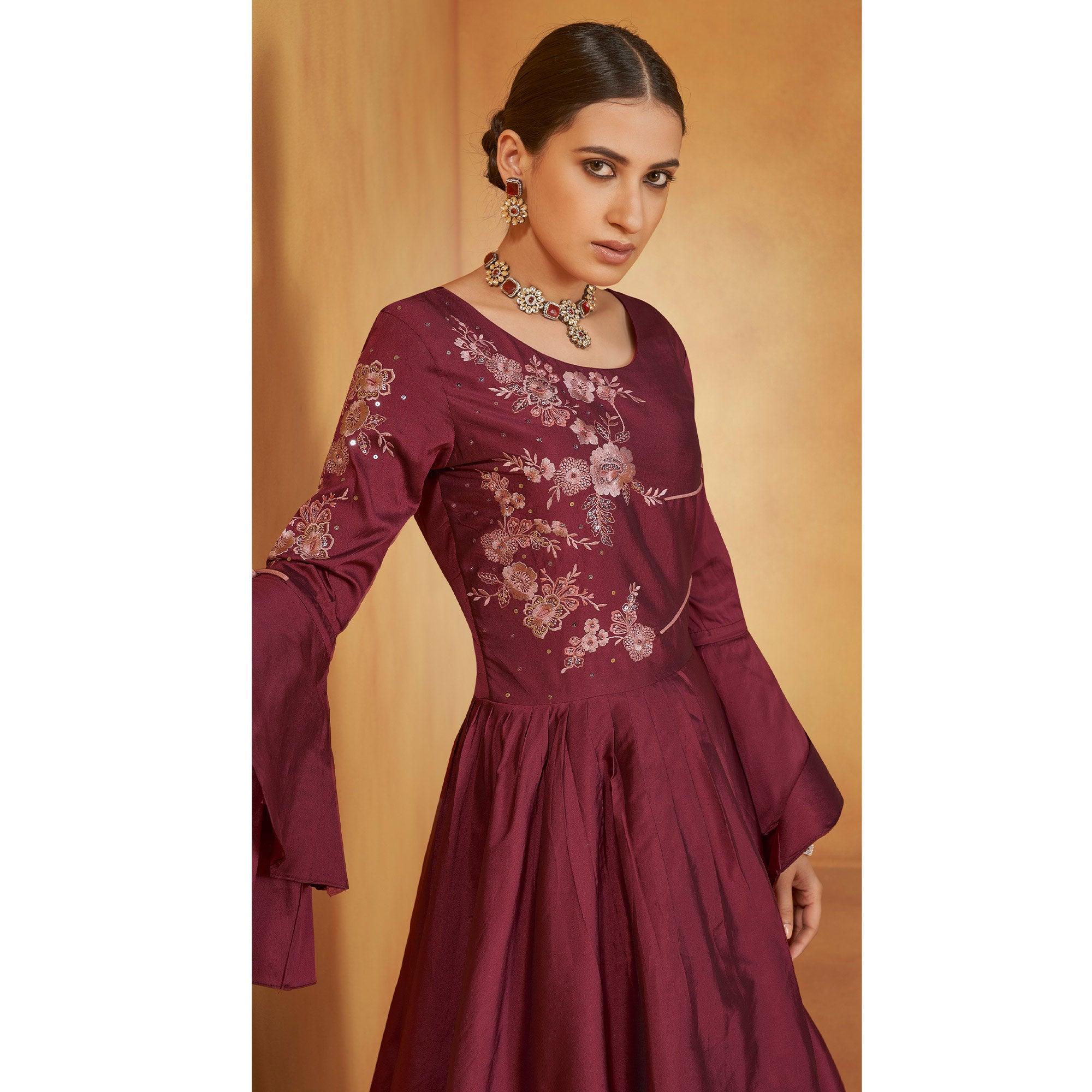 Peachmode Seller Maroon Party Wear Embroidered Tapetta Gown - view 2
