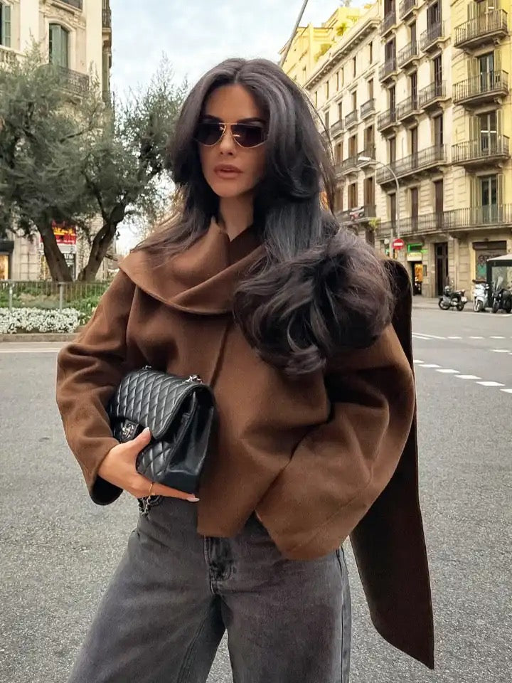 Alamode By Akanksha Clepa Vintage Woolen Short Coat in Brown with Scarf