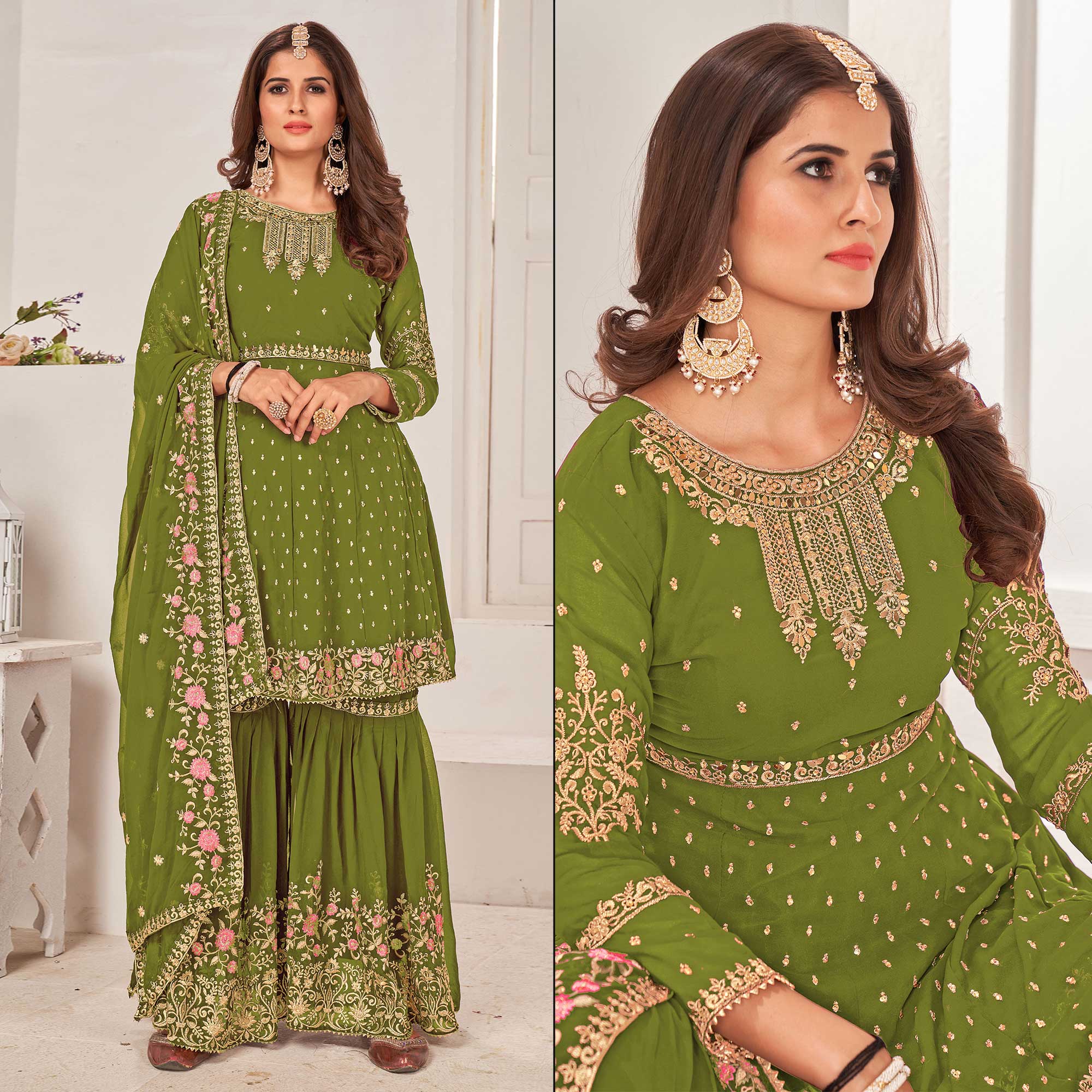 Peachmode Mehendi Green Sequins Embroidered Georgette Sharara Suit