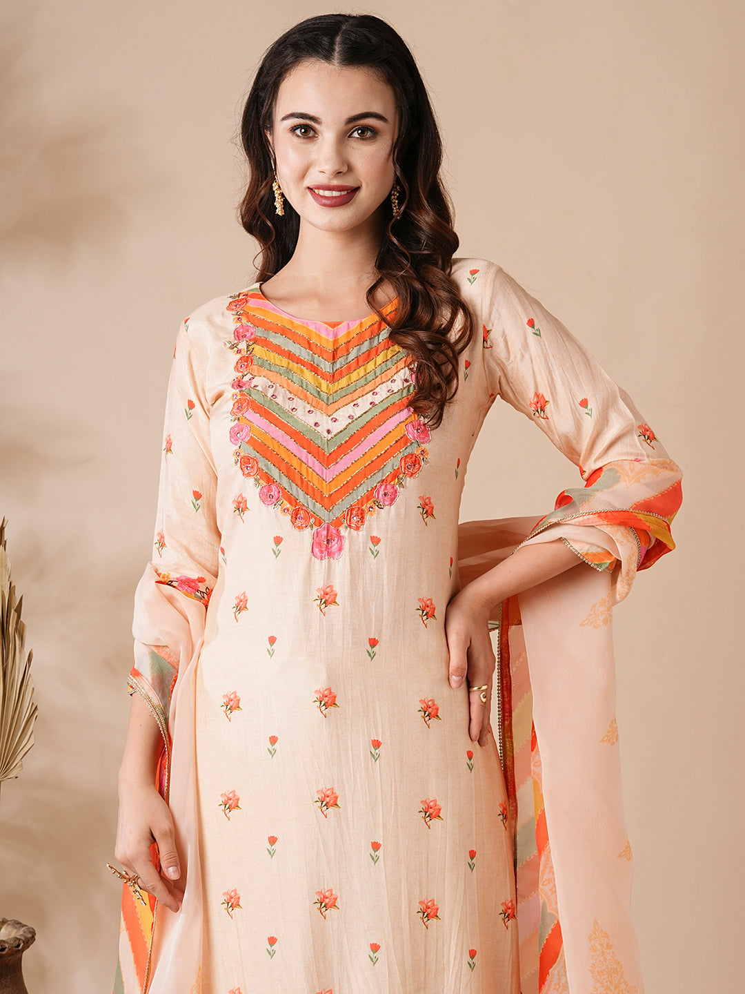 Fashor Floral Printed Mirror & Aari Embroidered Kurta with Pants & Dupatta - Cream - view 2