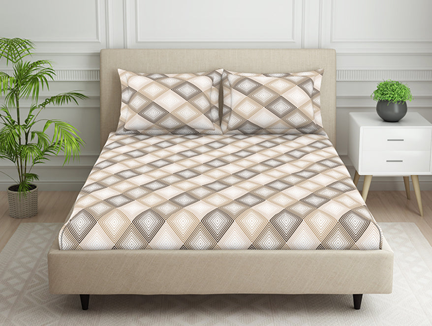 Spaces India Geometric Beige Polycotton Fitted King Harmony - By Welspun