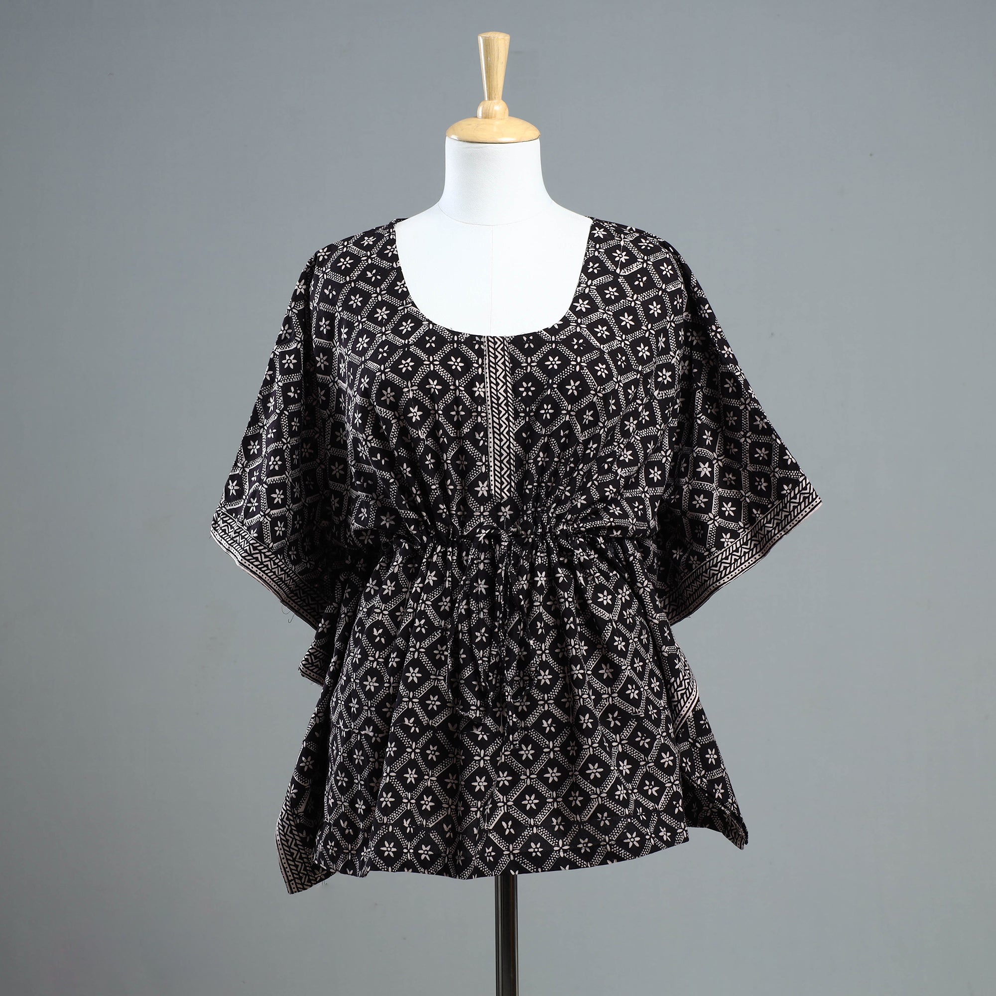 ITOKRI CASUALS Black - Bagh Block Printed Cotton Kaftan with Tie-Up Waist (Short)
