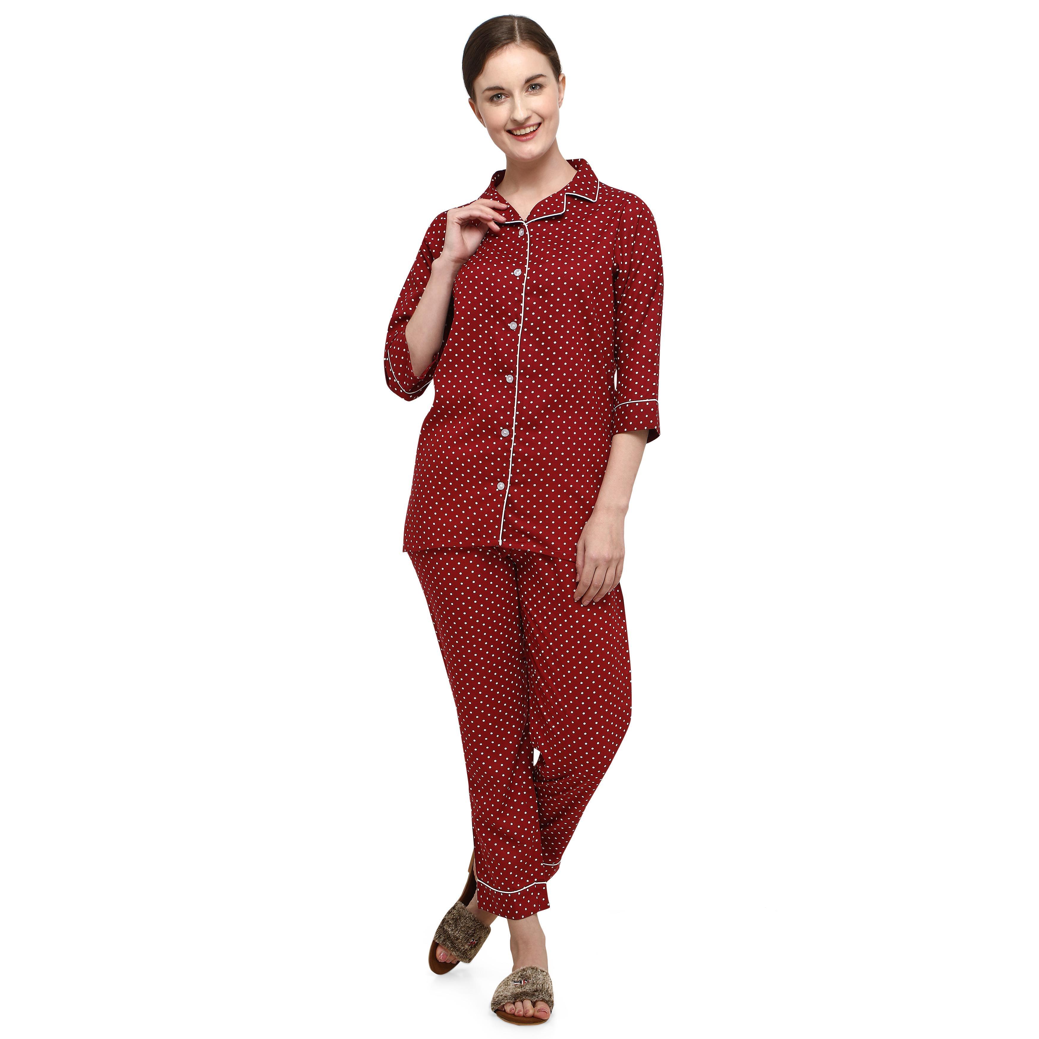 Peachmode Seller Maroon Casual Wear Printed Rayon Night Suit