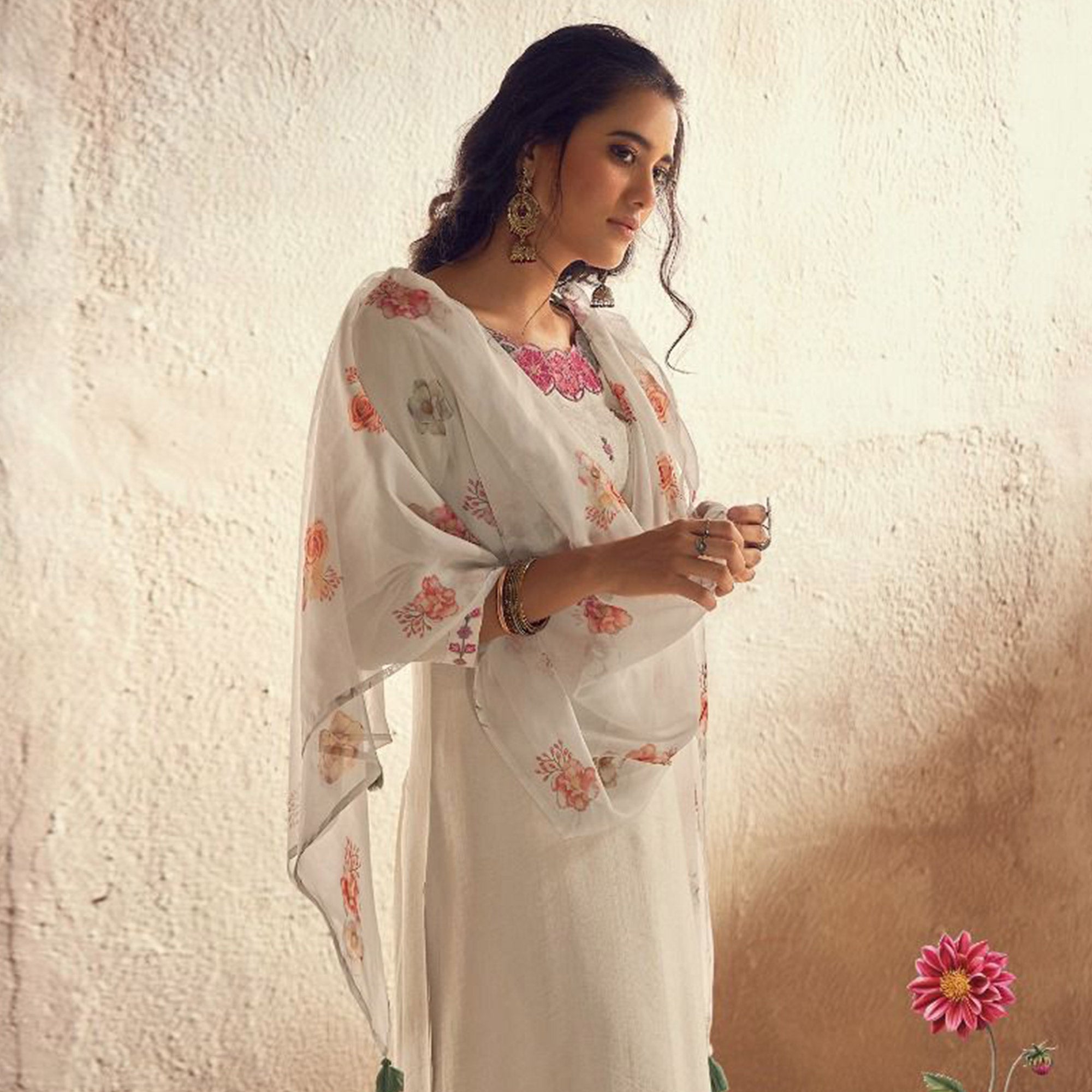 Peachmode Cream Floral Embroidered Viscose Suit - view 4
