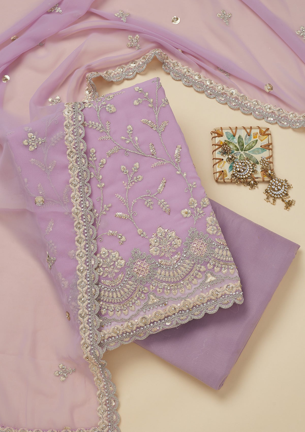 Koskii Lavender Threadwork Georgette Unstitched Salwar Suit