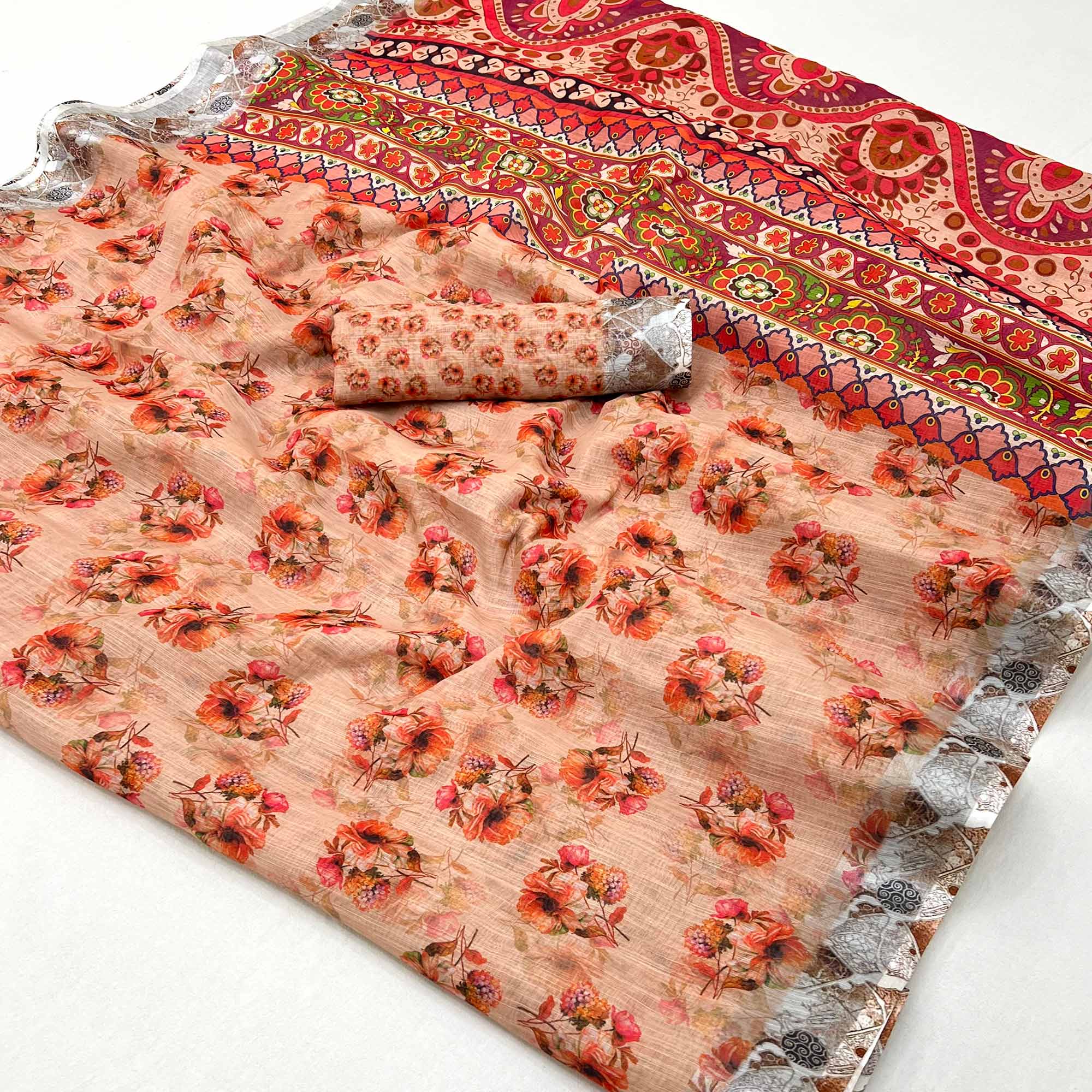 Peachmode Light Orange Floral Digital Printed Linen Saree With Zari Border