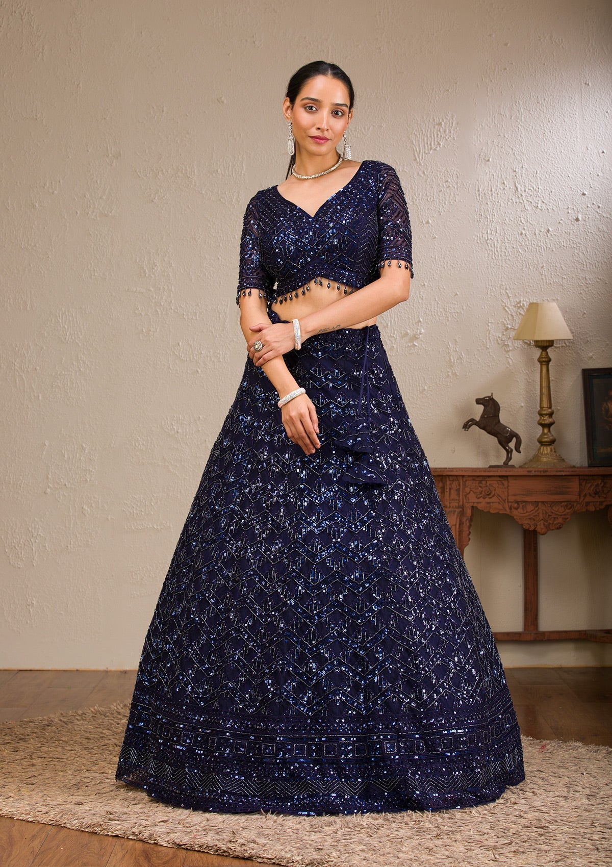 Koskii Navy Blue Sequins Net Readymade Lehenga - view 4
