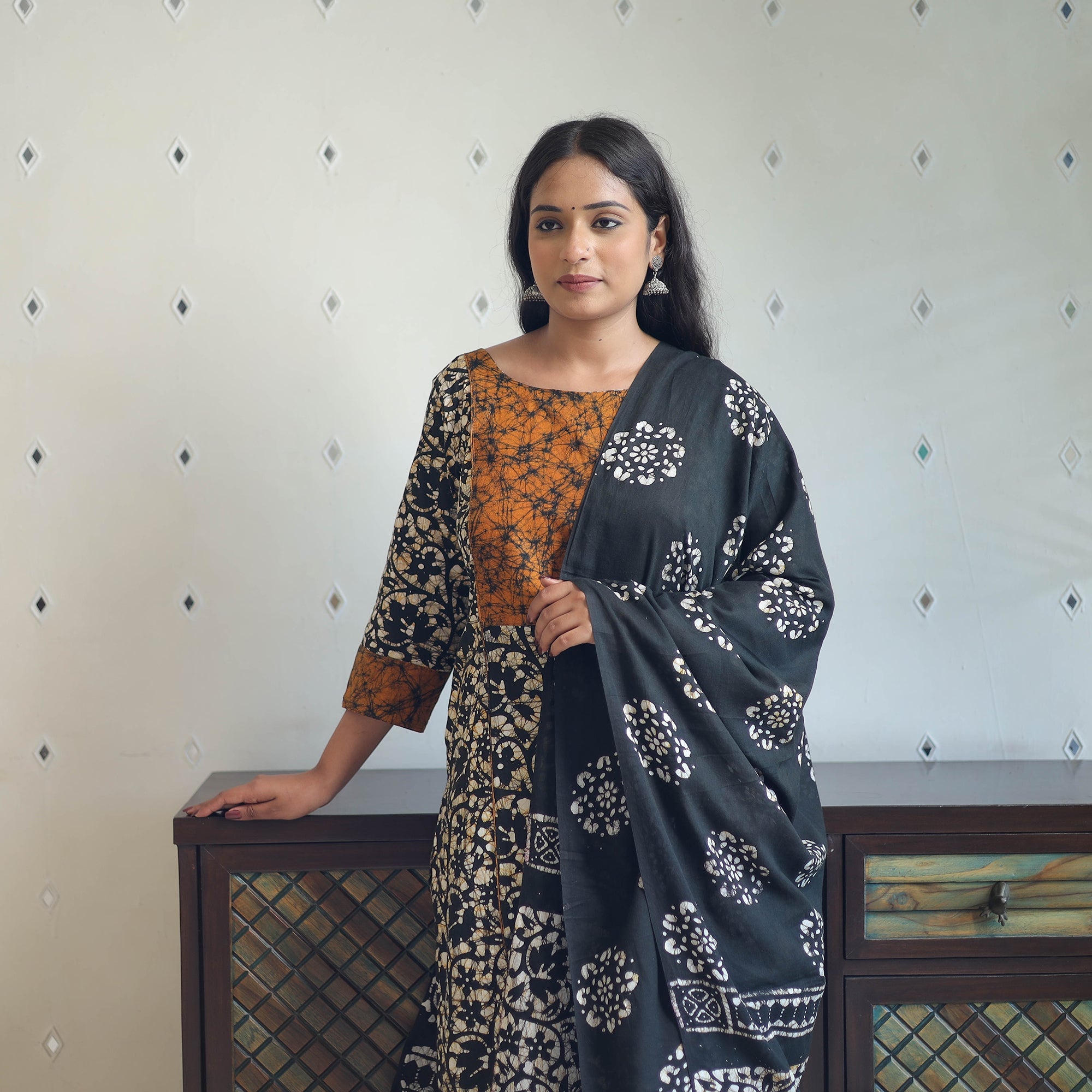ITOKRI CASUALS Black - Batik Print Cotton Kurta with Palazzo & Dupatta Suit Set 02