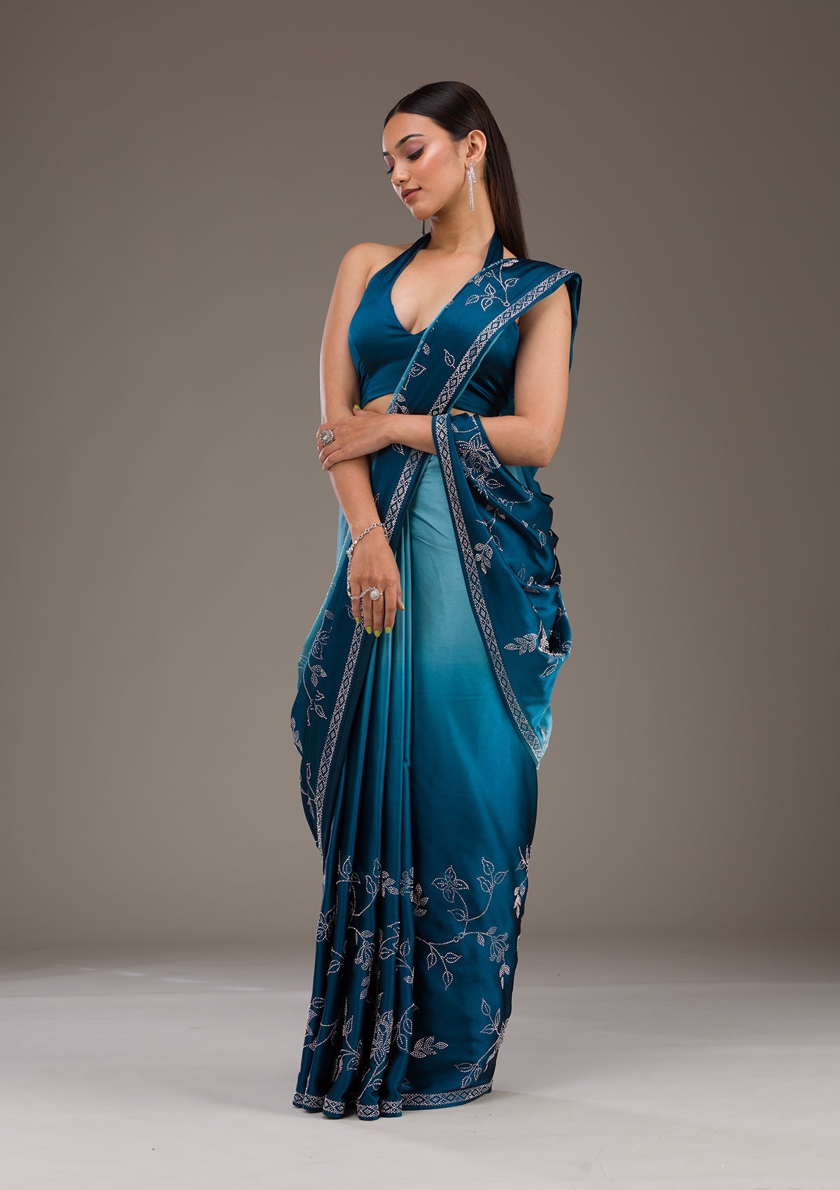 Koskii Turquoise Blue Stonework Satin Saree – Women's - view 4