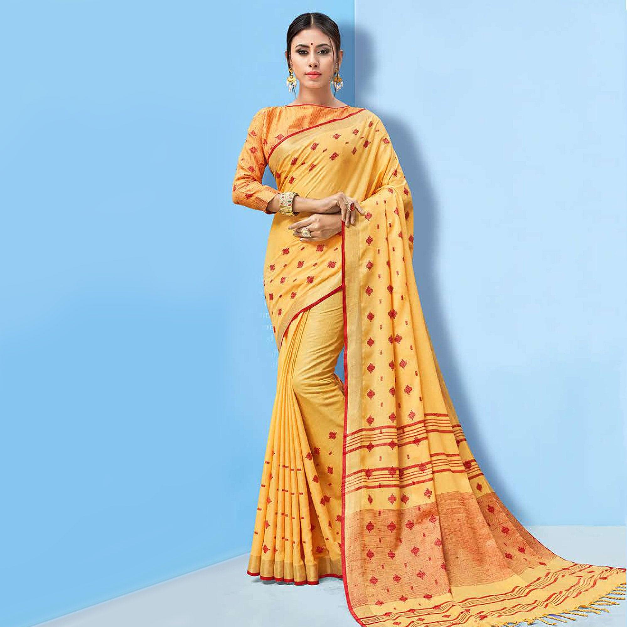 Peachmode Lovely Mustard Yellow Colored Partywear Printed Linen Cotton Saree