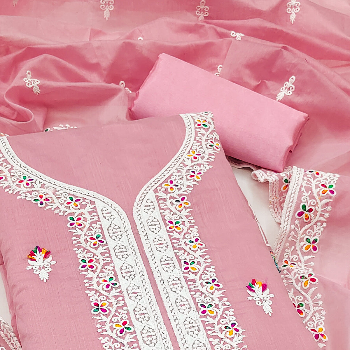 Peachmode Light Pink Floral Embroidered Chanderi Dress Material - view 2