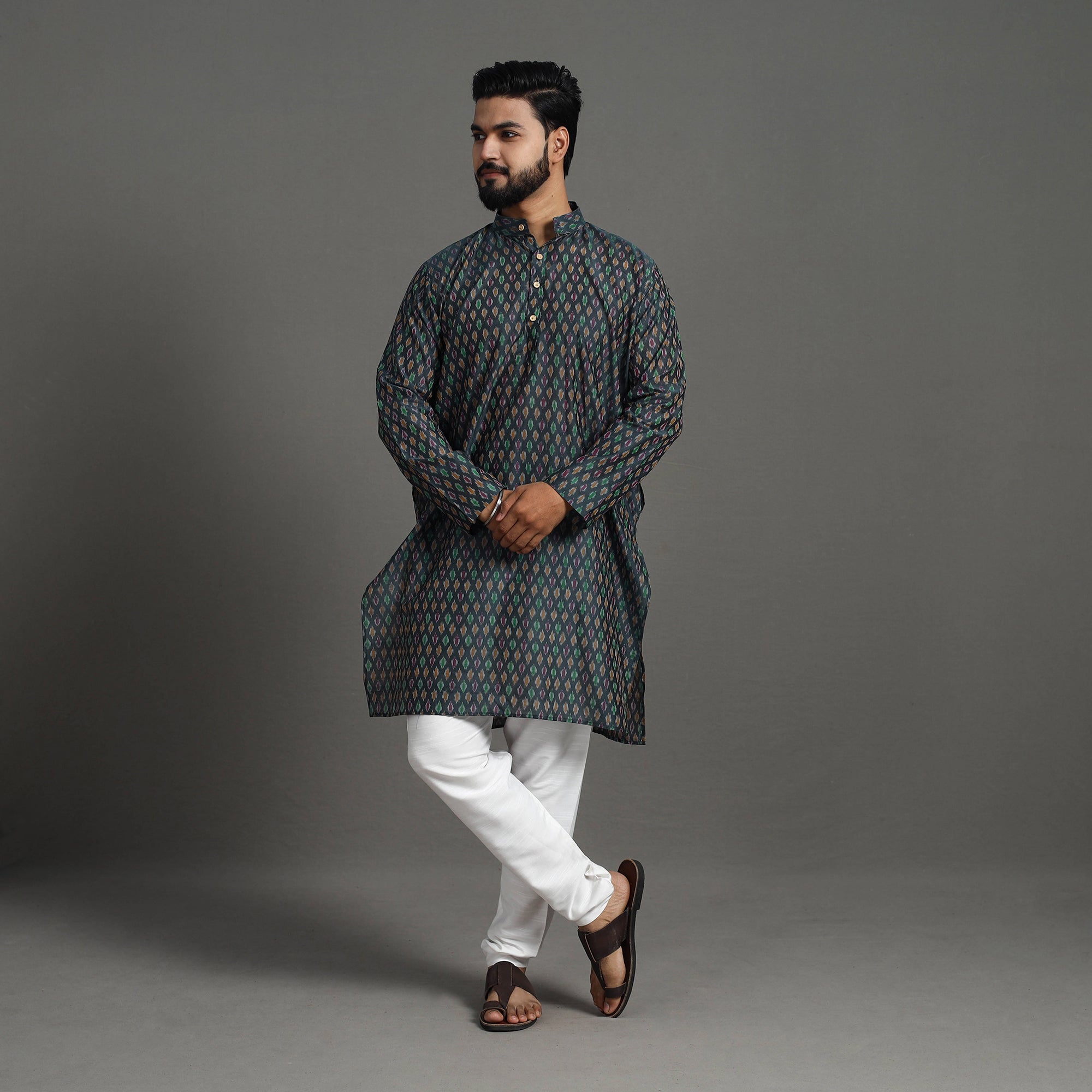 ITOKRI CASUALS Black - Silk Cotton Handwoven Pochampally Ikat Kurta for Men 07 - view 2