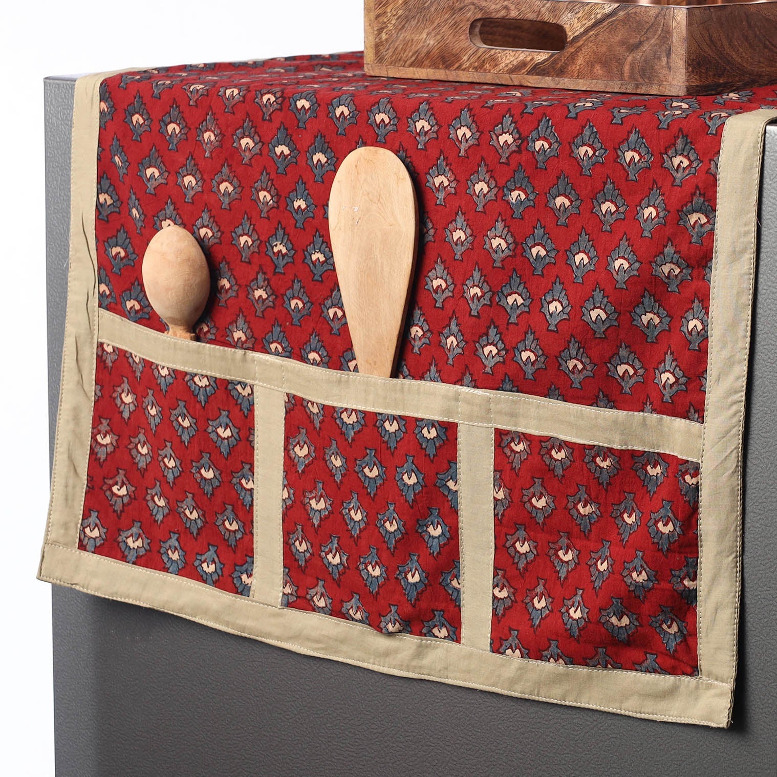 JALPARI Ajrakh Block Printed Cotton Fridge Top Cover with Multiple Pockets - view 2