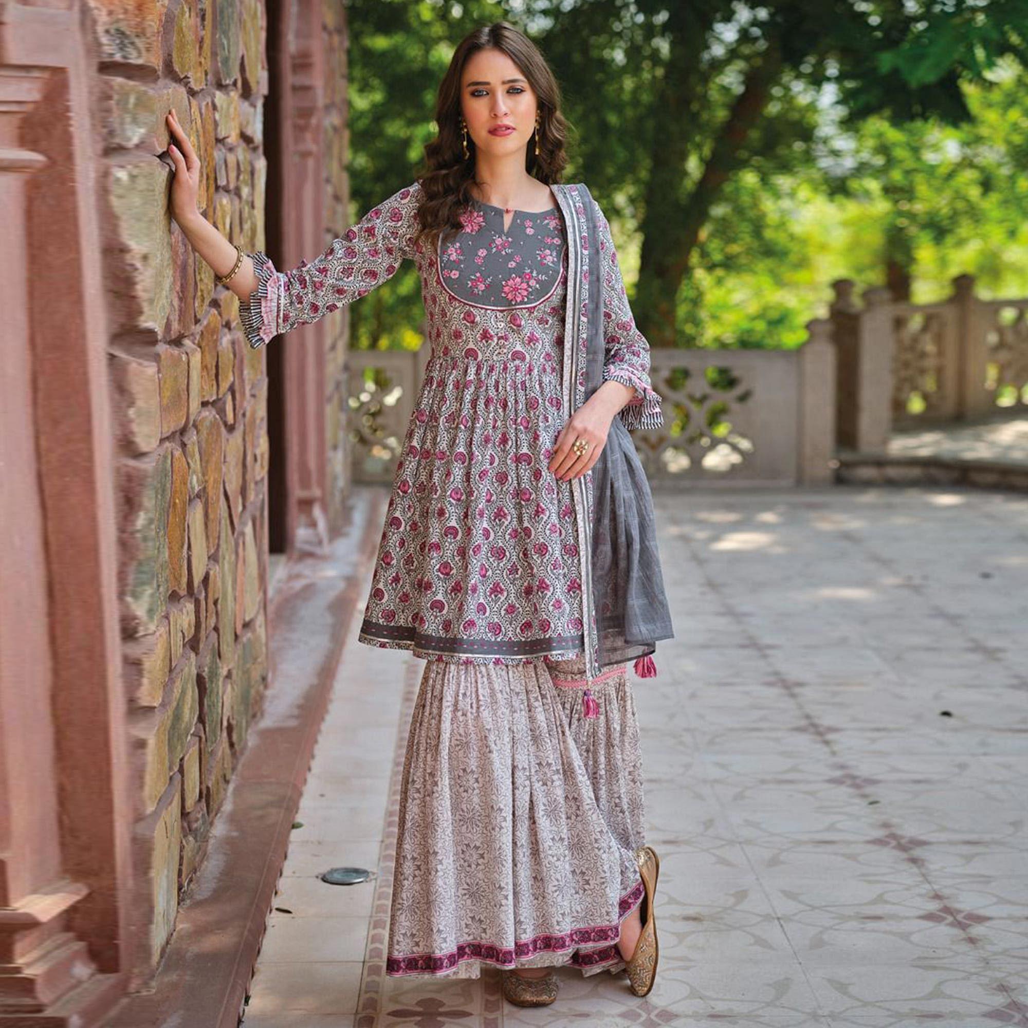 Peachmode Grey Partywear Floral Printed Cotton Sharara Suit