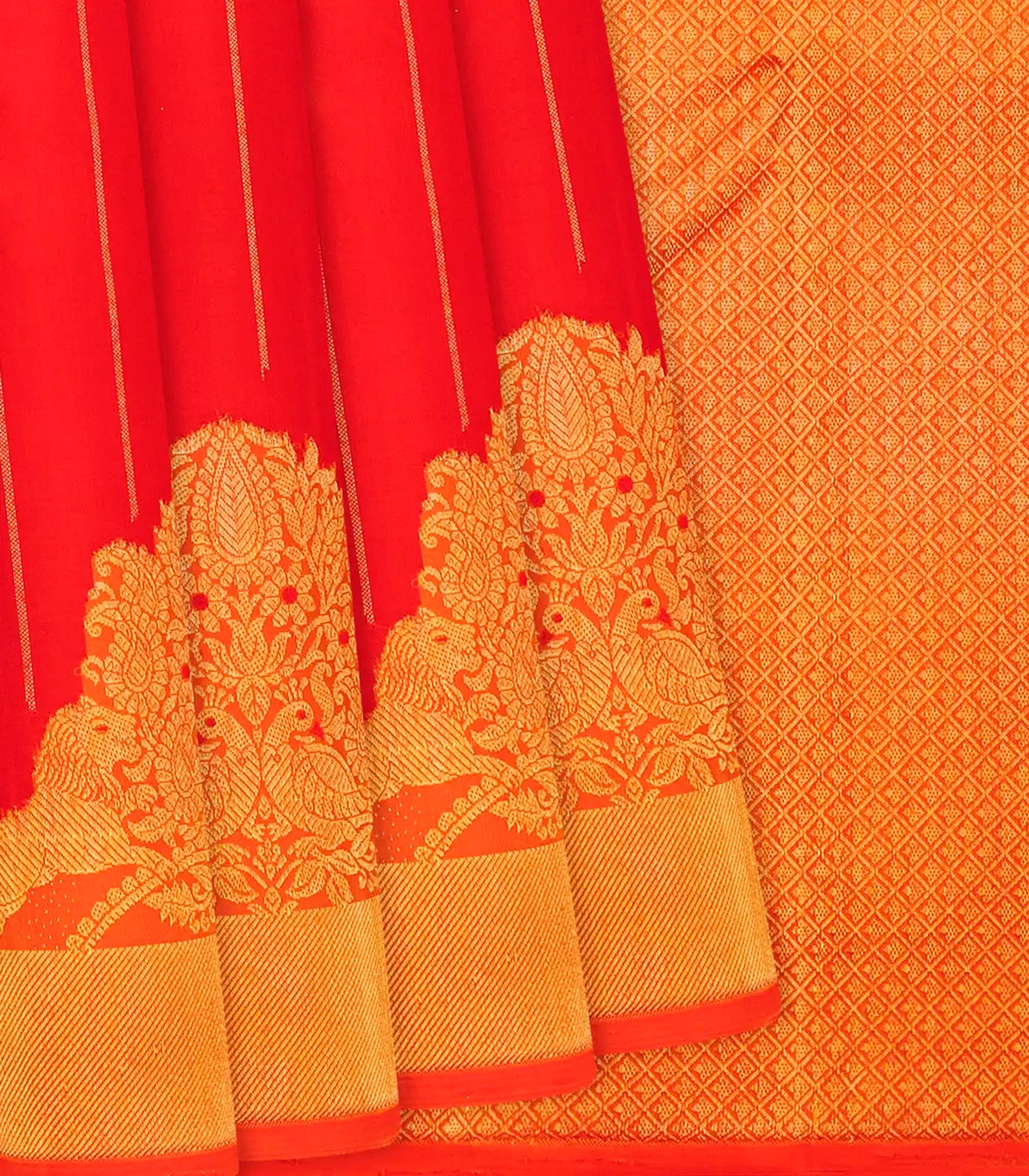 RmKV Dark Peach Handloom Kanchipuram Korvai Silk Saree Zari Stripes-Dark Peach