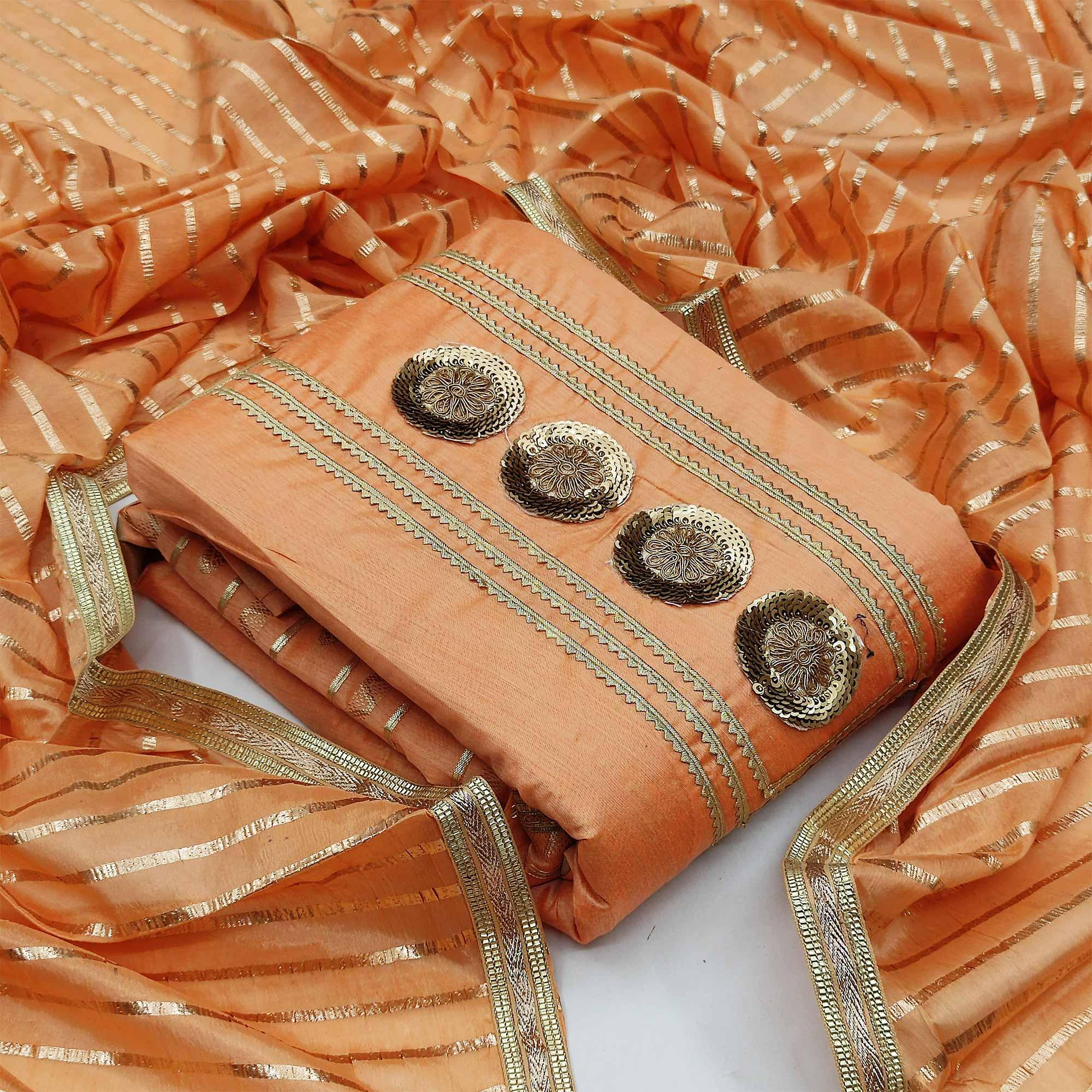 Peachmode Desirable Orange Colored Casual Wear Embroidered Modal Chanderi Dress Material