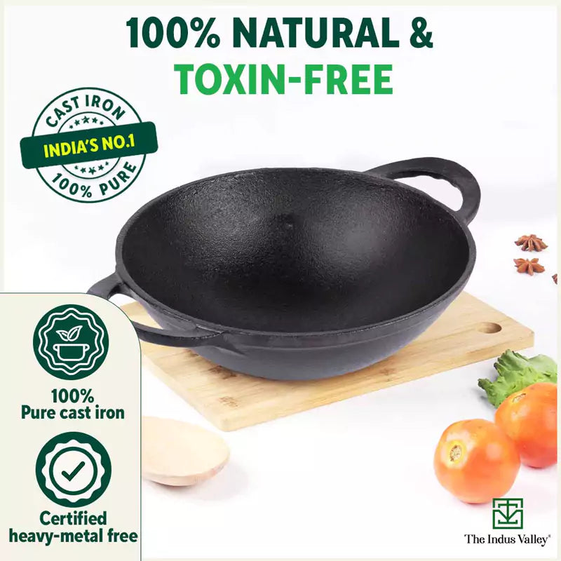 The Indus Valley CASTrong Cast Iron Kadai+ Free ₹110 Spatula, Pre-seasoned, Nonstick, 100% Pure, Toxin-free, 25.2cm, 2.2L, 2.37kg - view 5