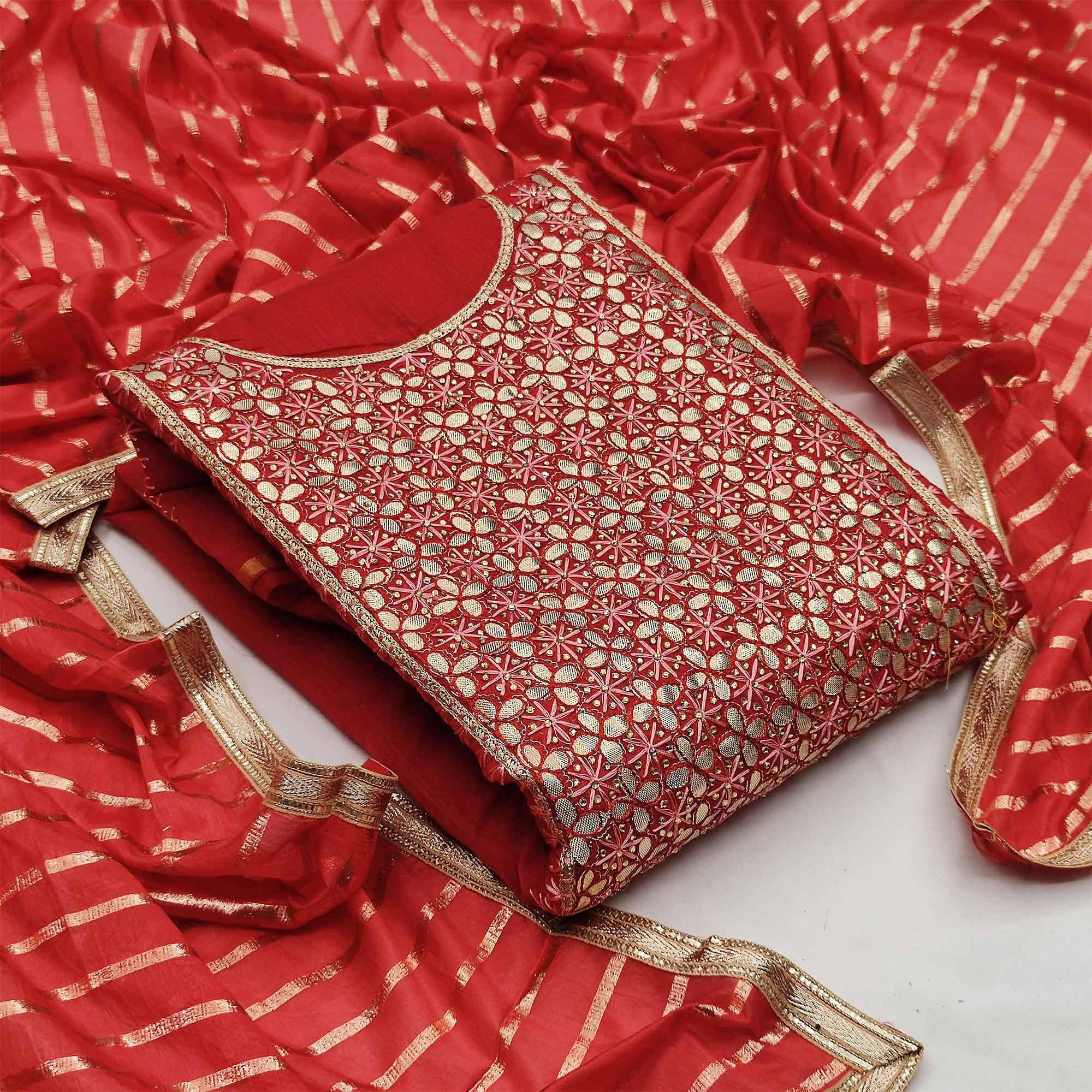 Peachmode Classy Red Colored Festive Wear Embroidered Heavy Modal Silk Dress Material