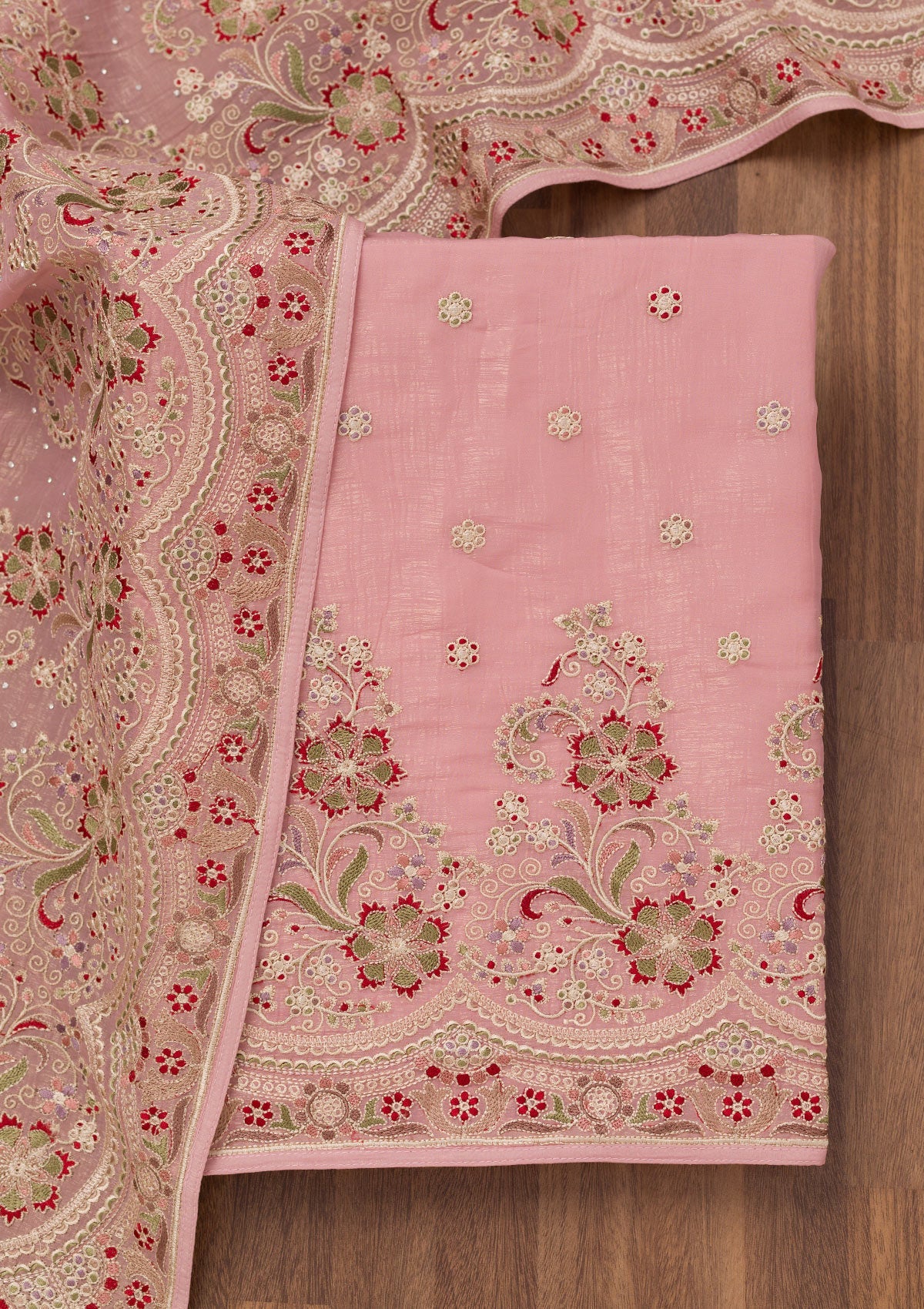 Koskii Pink Threadwork Semi Crepe Unstitched Salwar Suit - view 5