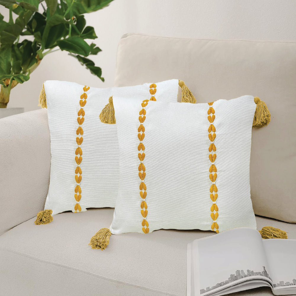 Urban Space Home Furnishing Embroidered Cotton Cushion Cover, for Sofa, Bedroom, Living Room - Set of 2 - Vintage Braid Yellow