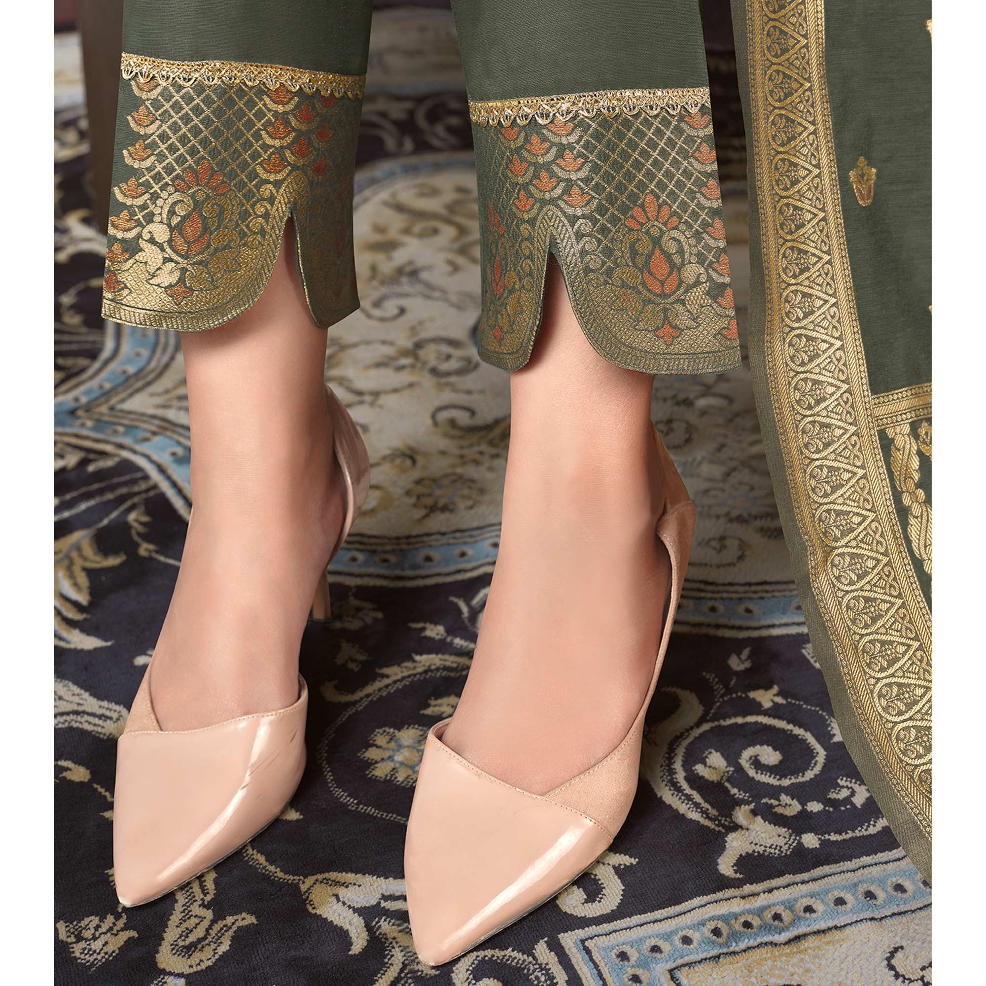 Peachmode Grey Woven Banarasi Silk Salwar Suit - view 5