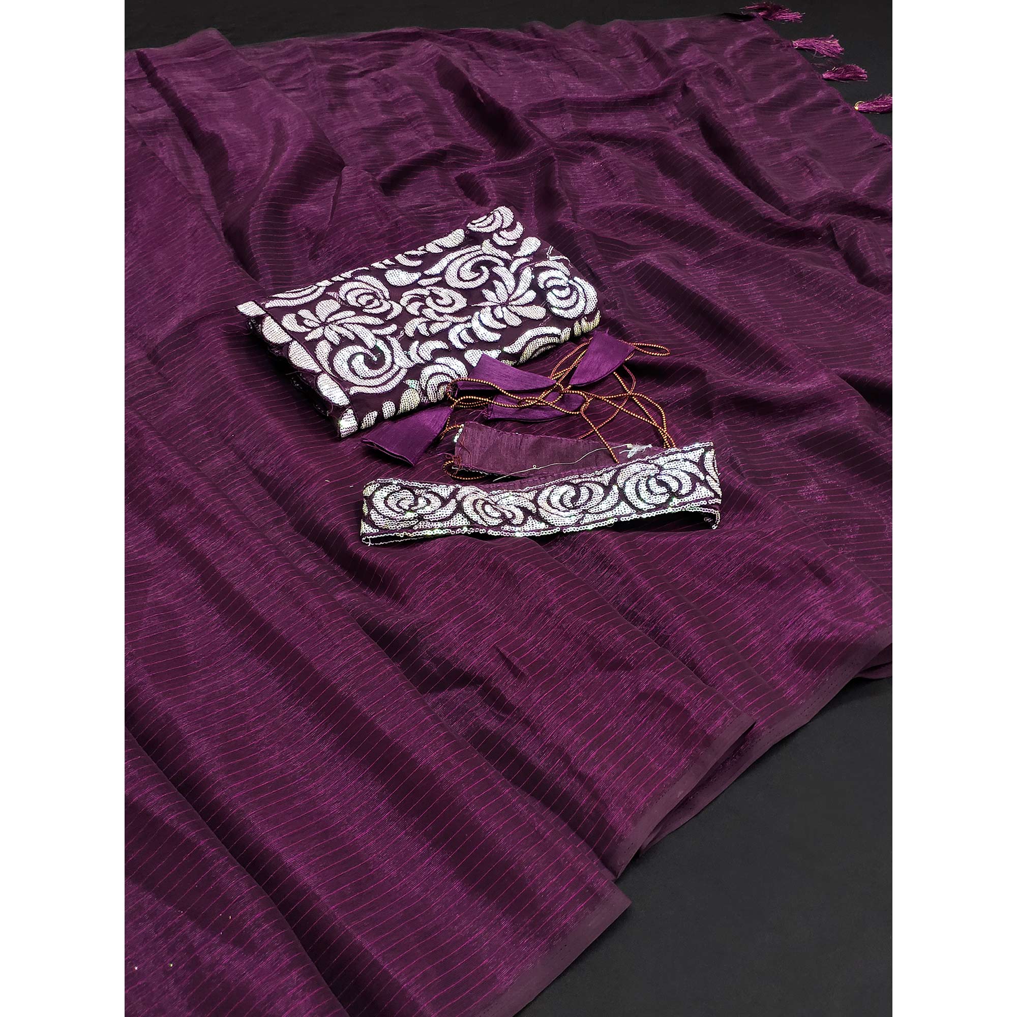 Peachmode Dark Purple Striped Woven Art Silk Saree With Tassels - view 3