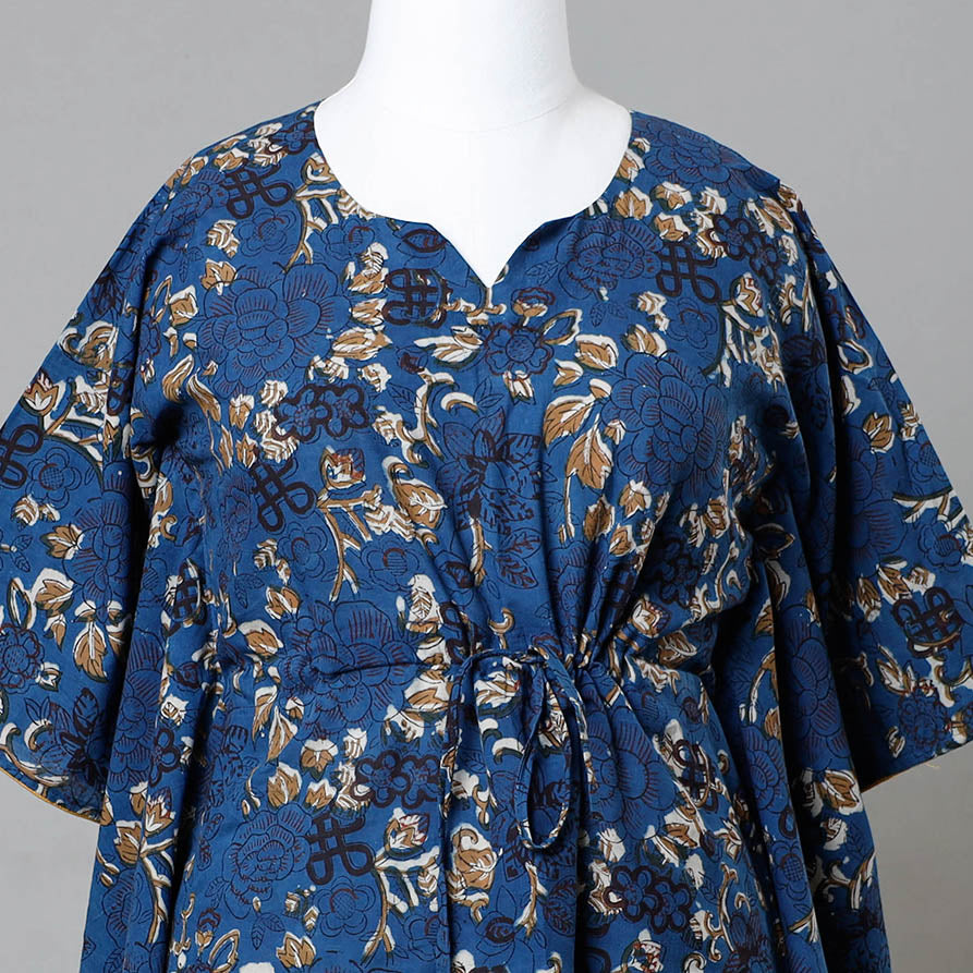 ITOKRI CASUALS Blue - Bagru Block Printed Cotton Kaftan with Tie-Up Waist (Medium) - view 3