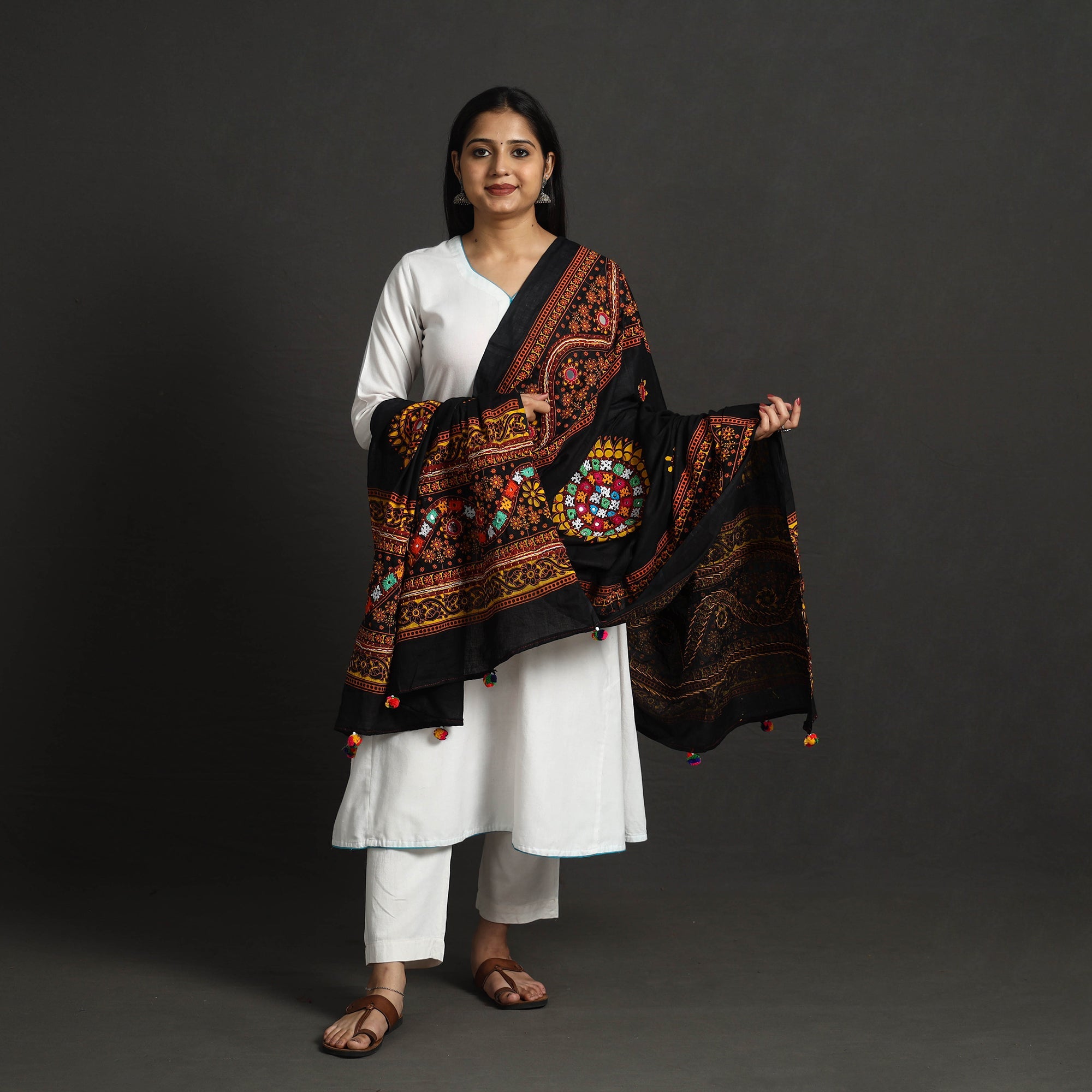 KACHCHH JI CHHAAP Black - Mirror Work Printed Cotton Kutch Embroidery Dupatta 01