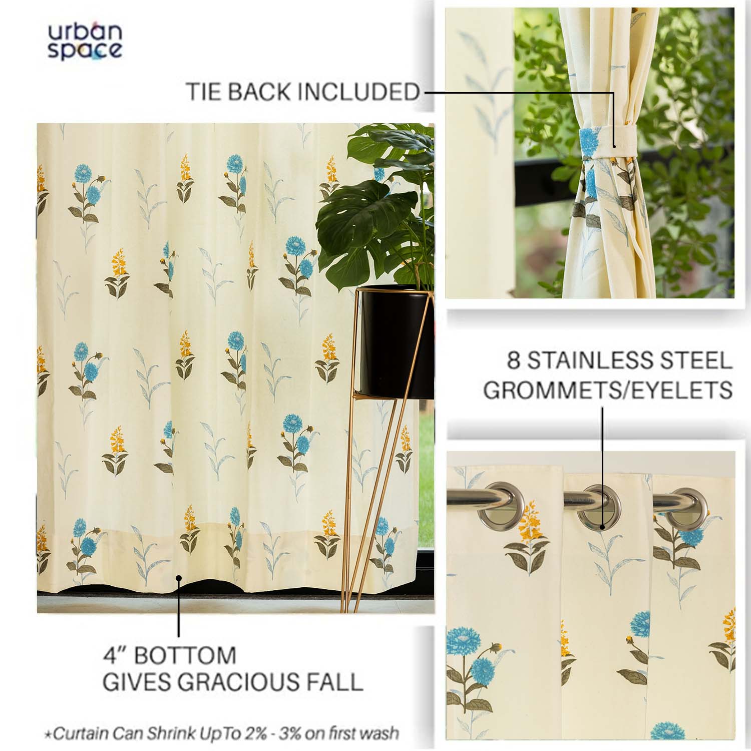 Urban Space -Home Furnishing Store 100% Cotton Curtains for Living Room, Bedroom curtains - Pack of 2 curtains, Cotton Coneflower - Blue - view 2
