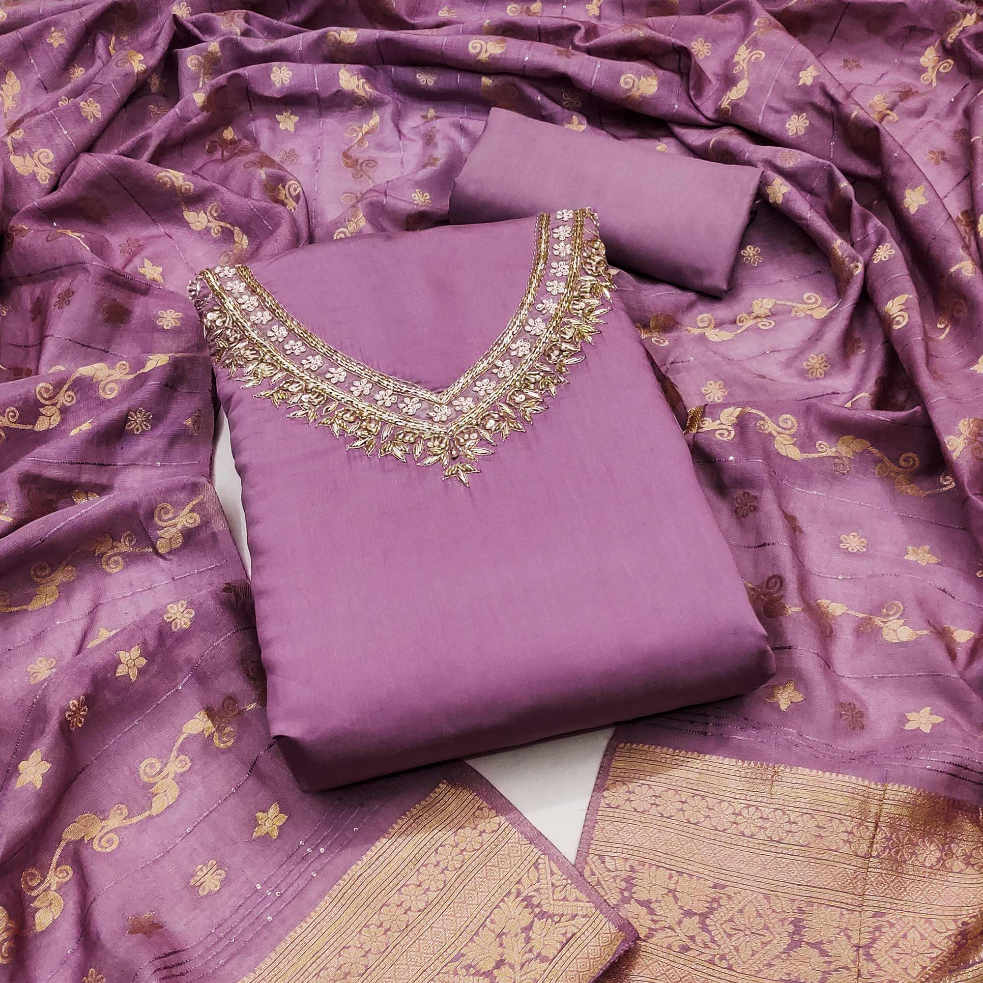 Peachmode Purple Beads Embroidered Viscose Dress Material
