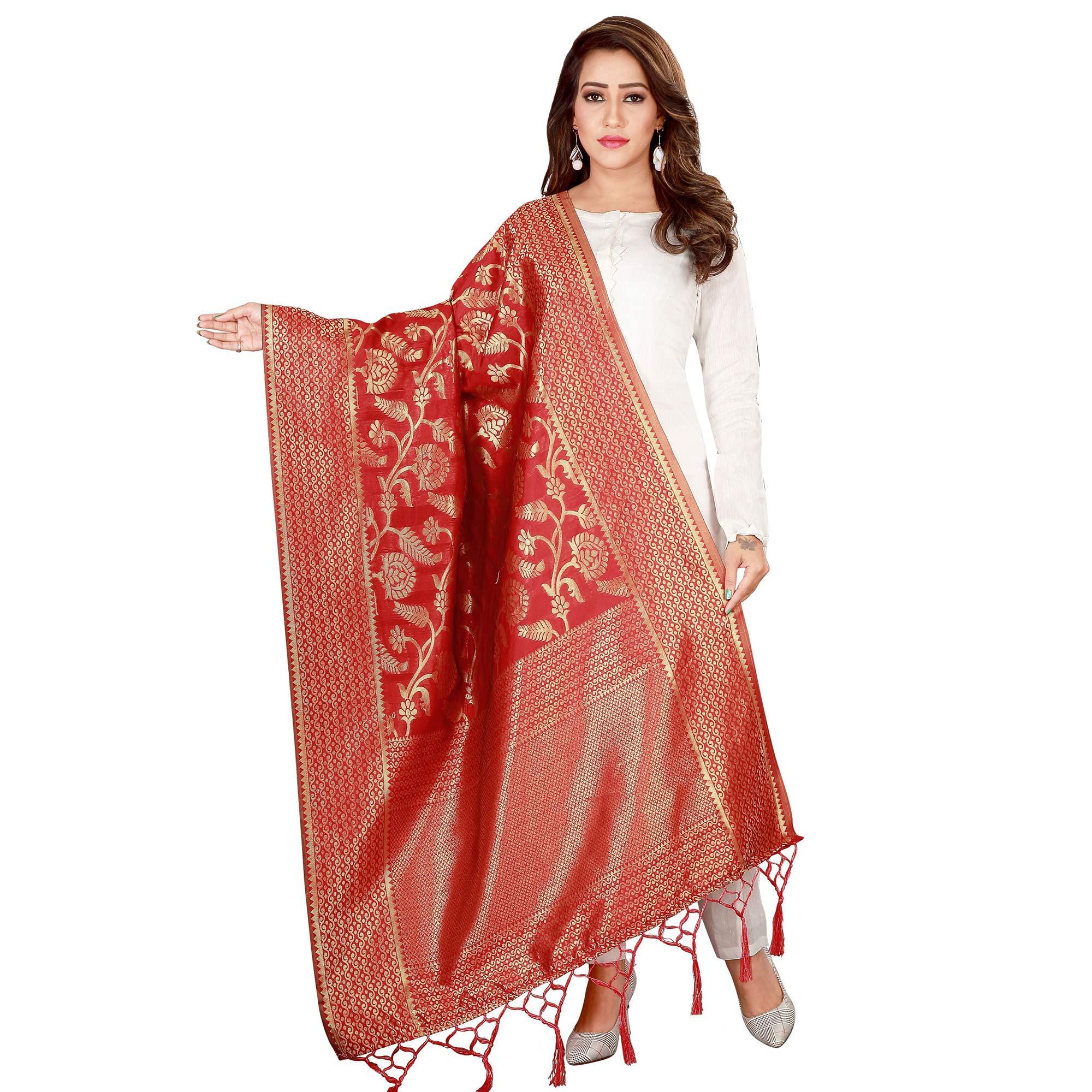 Peachmode Seller Innovative Red Colored Festive Wear Banarasi Silk Dupatta