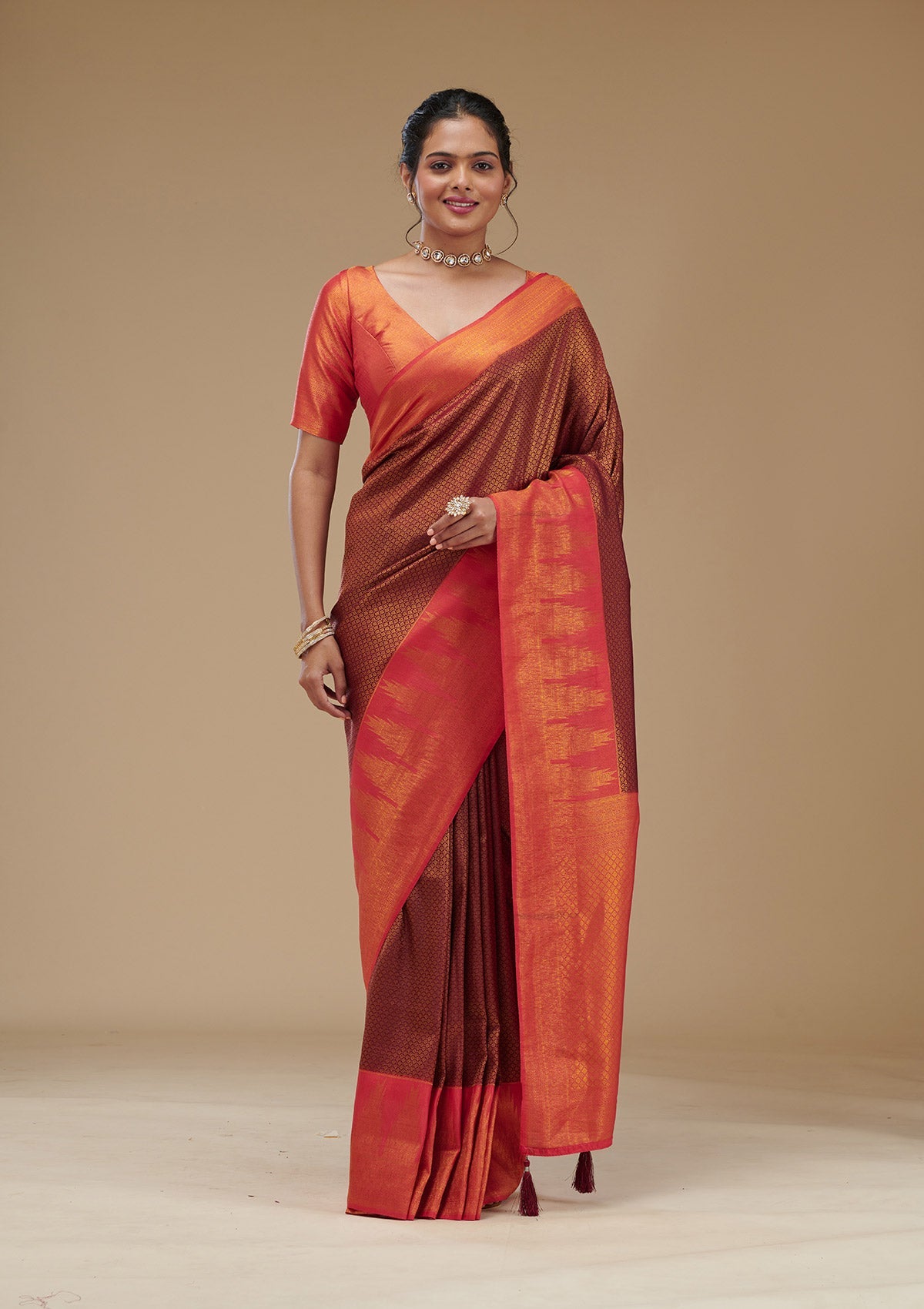 Koskii Wine Zariwork Art Silk Saree – Women's - view 3