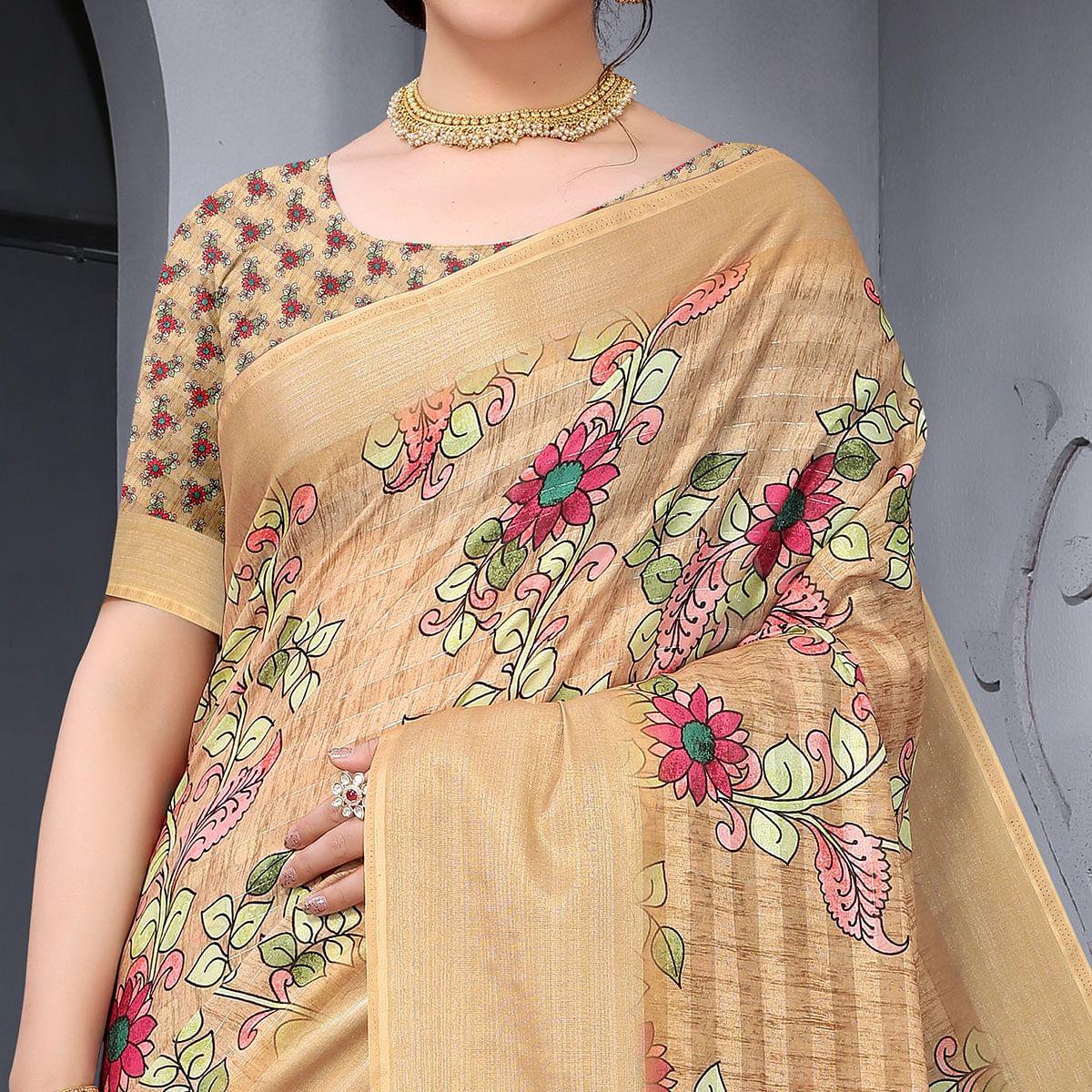Peachmode Chiku Festive Wear Floral Printed Art Silk Saree - view 3
