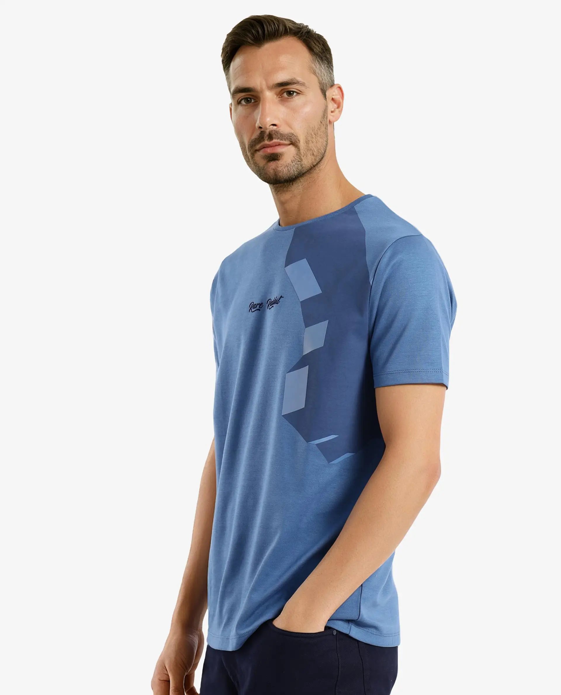 Rare Rabbit Men Antu Blue Cotton Polyester Fabric Short Sleeve Crew Neck Logo Print Oversized T-Shirt - view 6