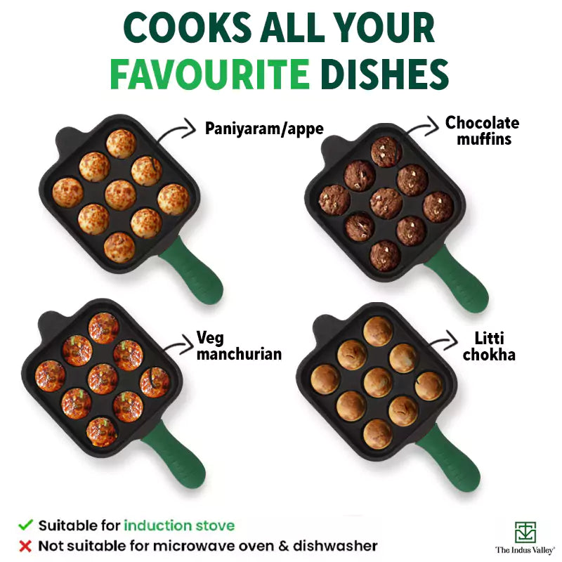 The Indus Valley 9 Pit/Cup CASTrong Cast Iron Paniyaram/Appe Pan+ Cool Silicone Grip, Pre-seasoned, Nonstick, 100% Pure, Toxin-free, 18cm, 2.4 kg - view 11