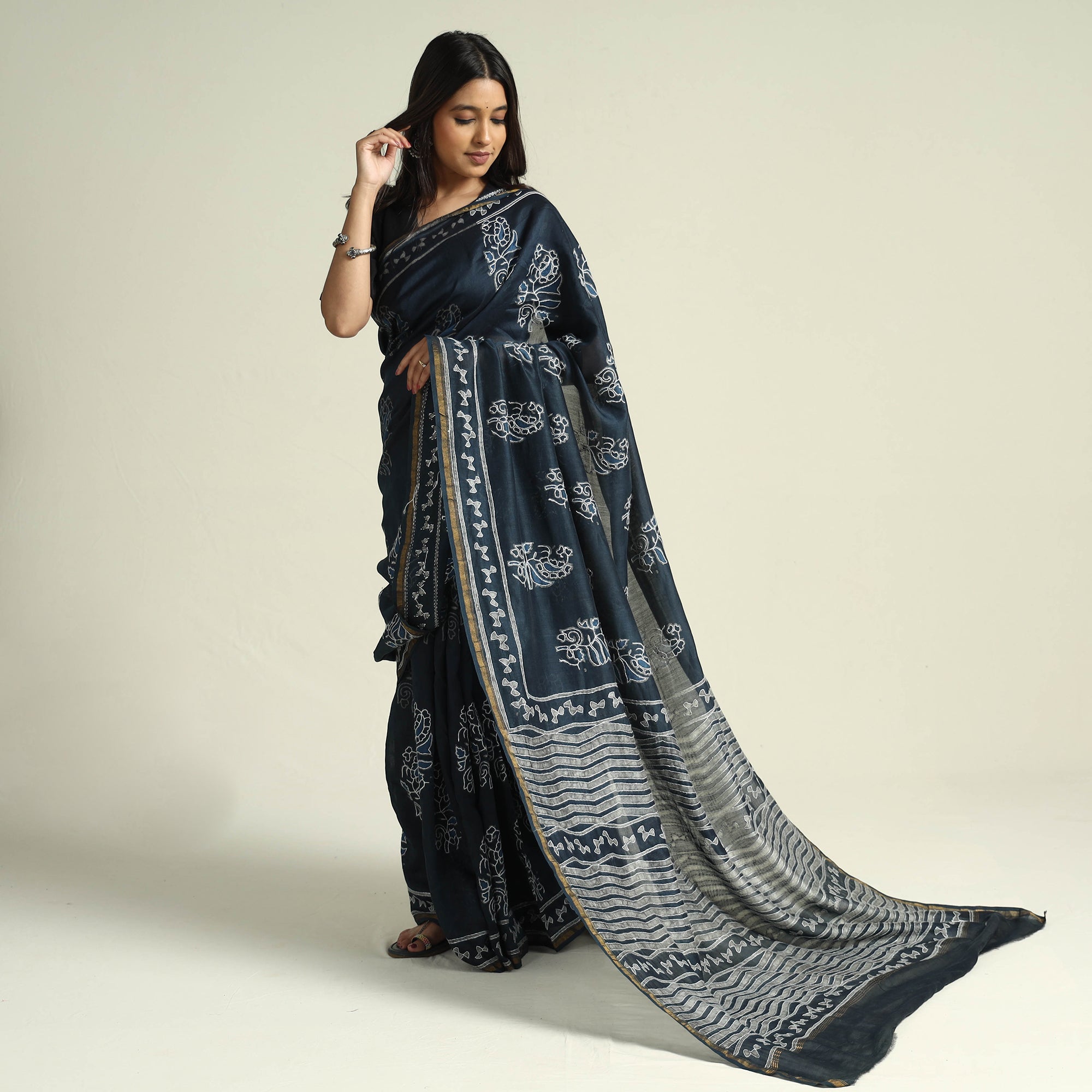 ITOKRI CRAFTS INITIATIVE Black - Kashidakari Hand Embroidered Chanderi Silk Block Printed Handloom Saree with Zari Border