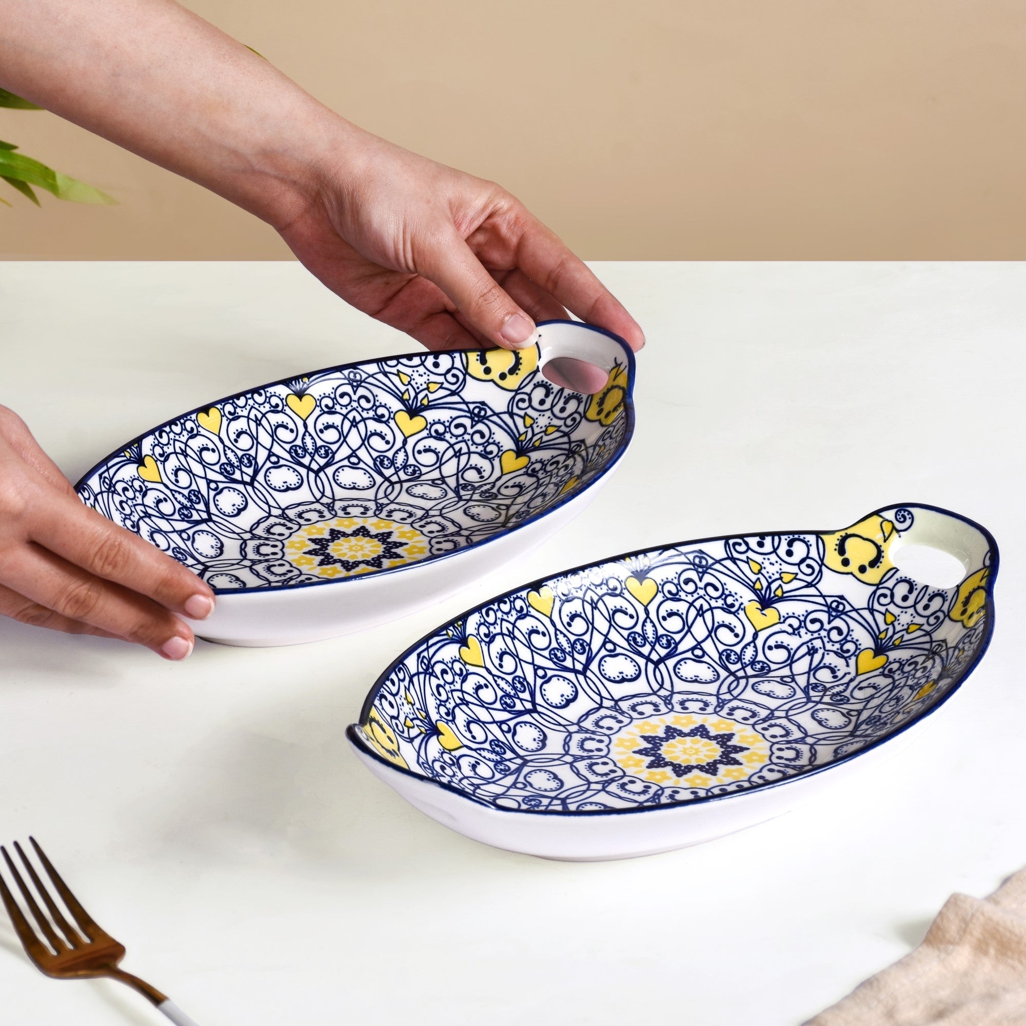 Nestasia Vibrant Mandala Platter Yellow And Blue Set Of 2 - view 2