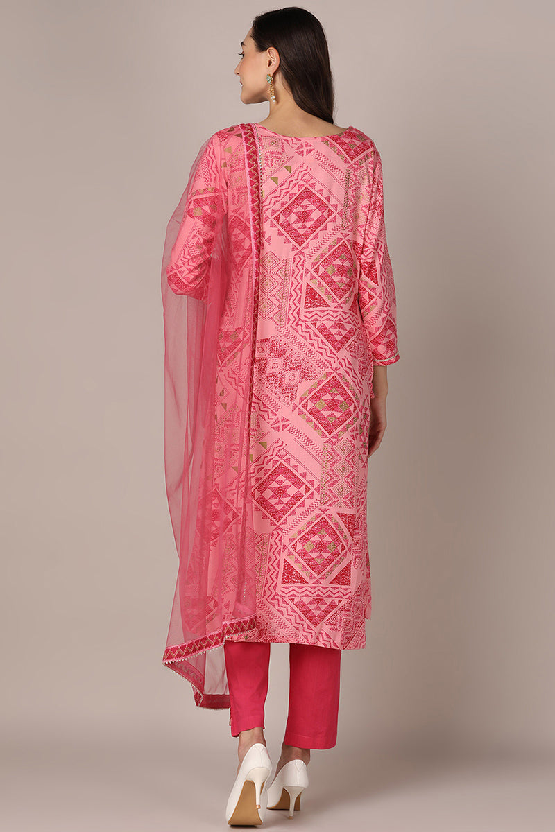 Ahika Pink Viscose Rayon Geometric Printed Straight Style Suit Set VKSKD1991 - view 4