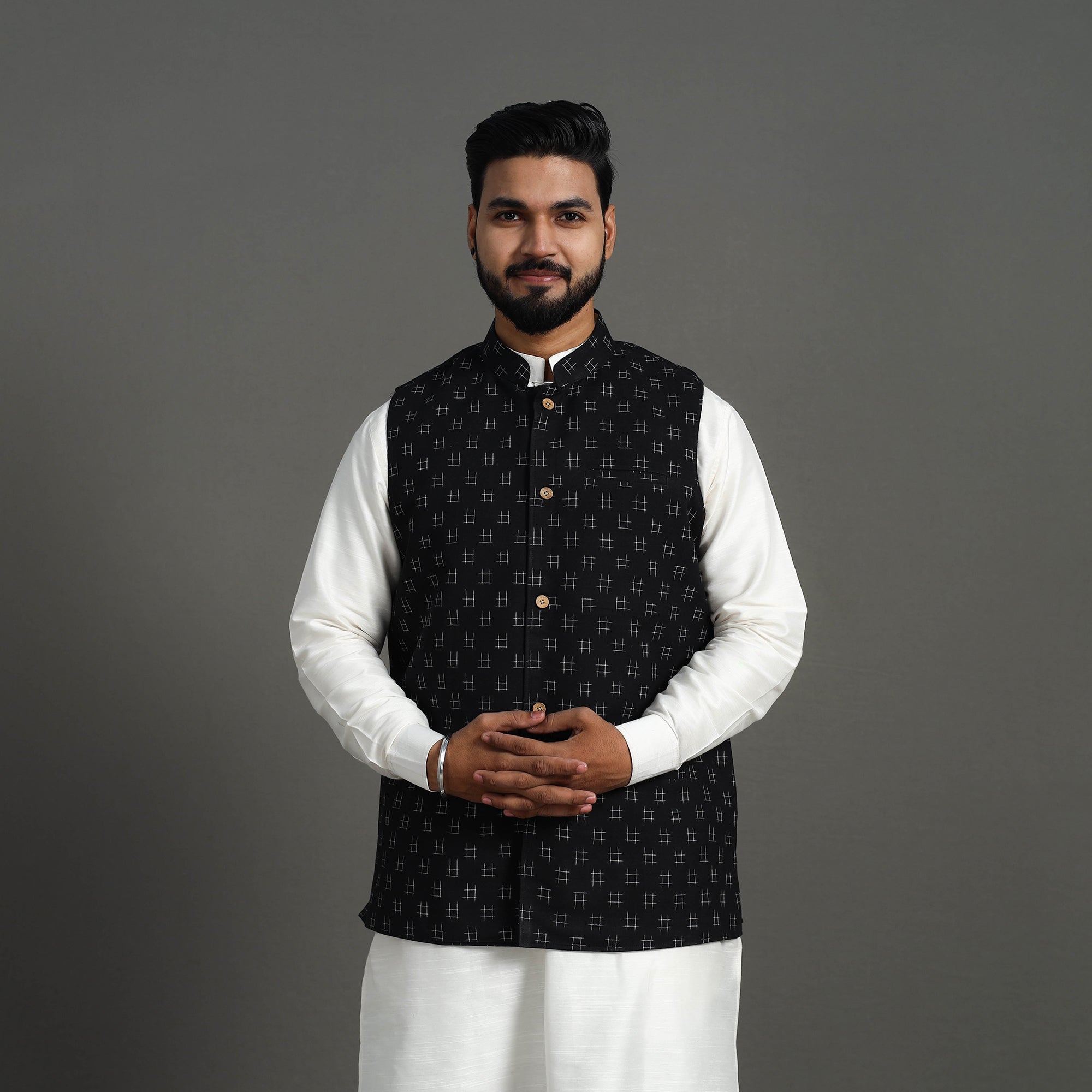 ITOKRI CASUALS Black - Pochampally Double Ikat Handloom Cotton Men Nehru Jacket 06