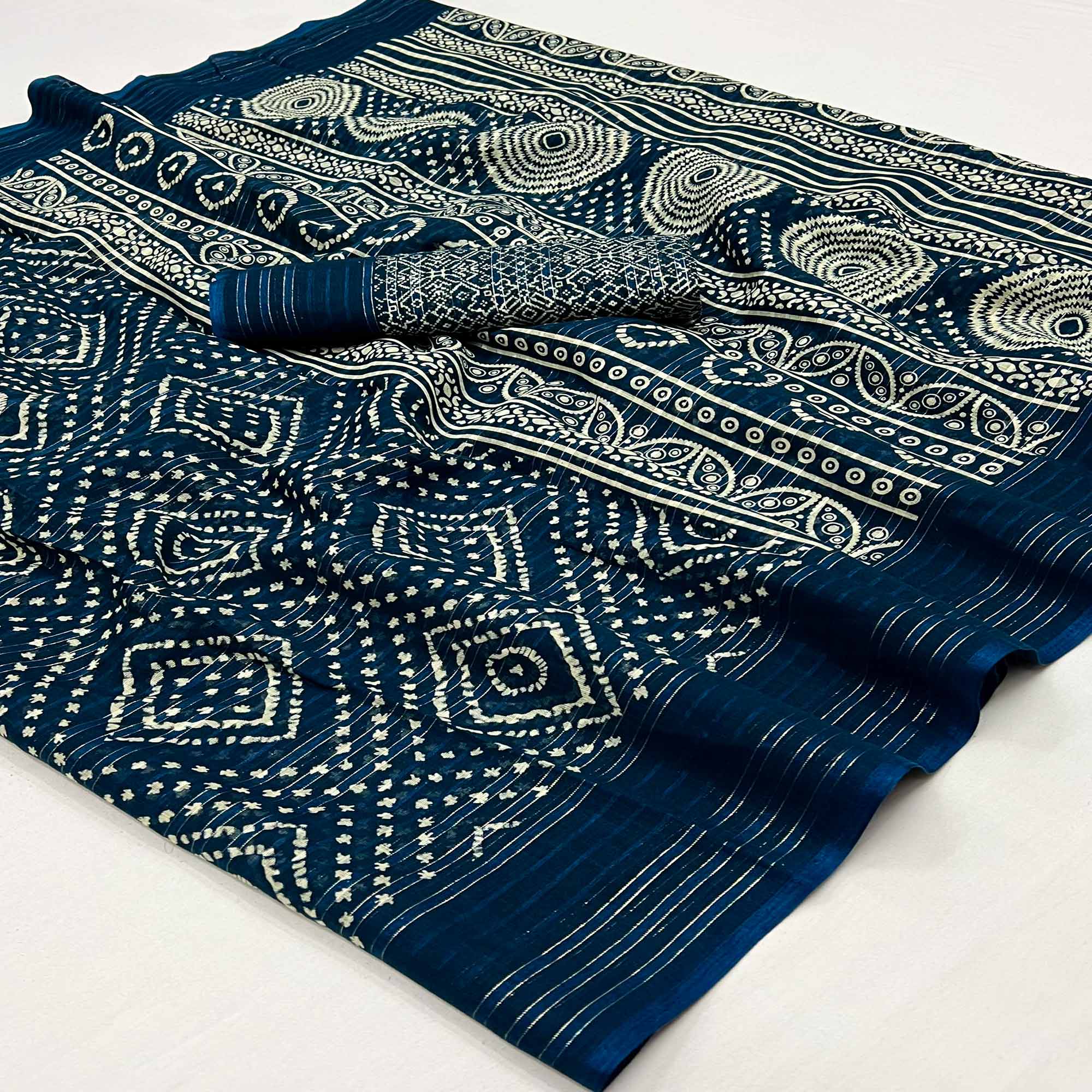 Peachmode Blue Woven With Printed Linen Saree